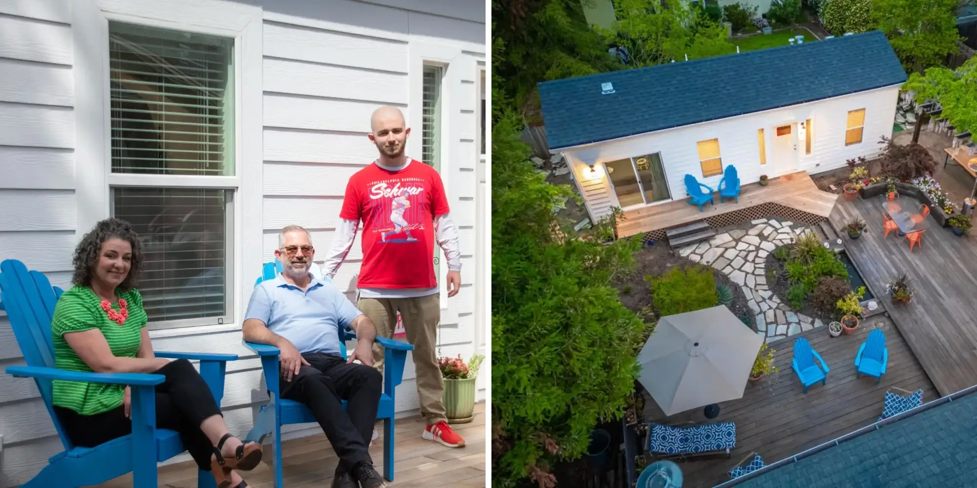 Three people sit and stand by blue patio chairs beside a white backyard cottage shown with an aerial deck view.