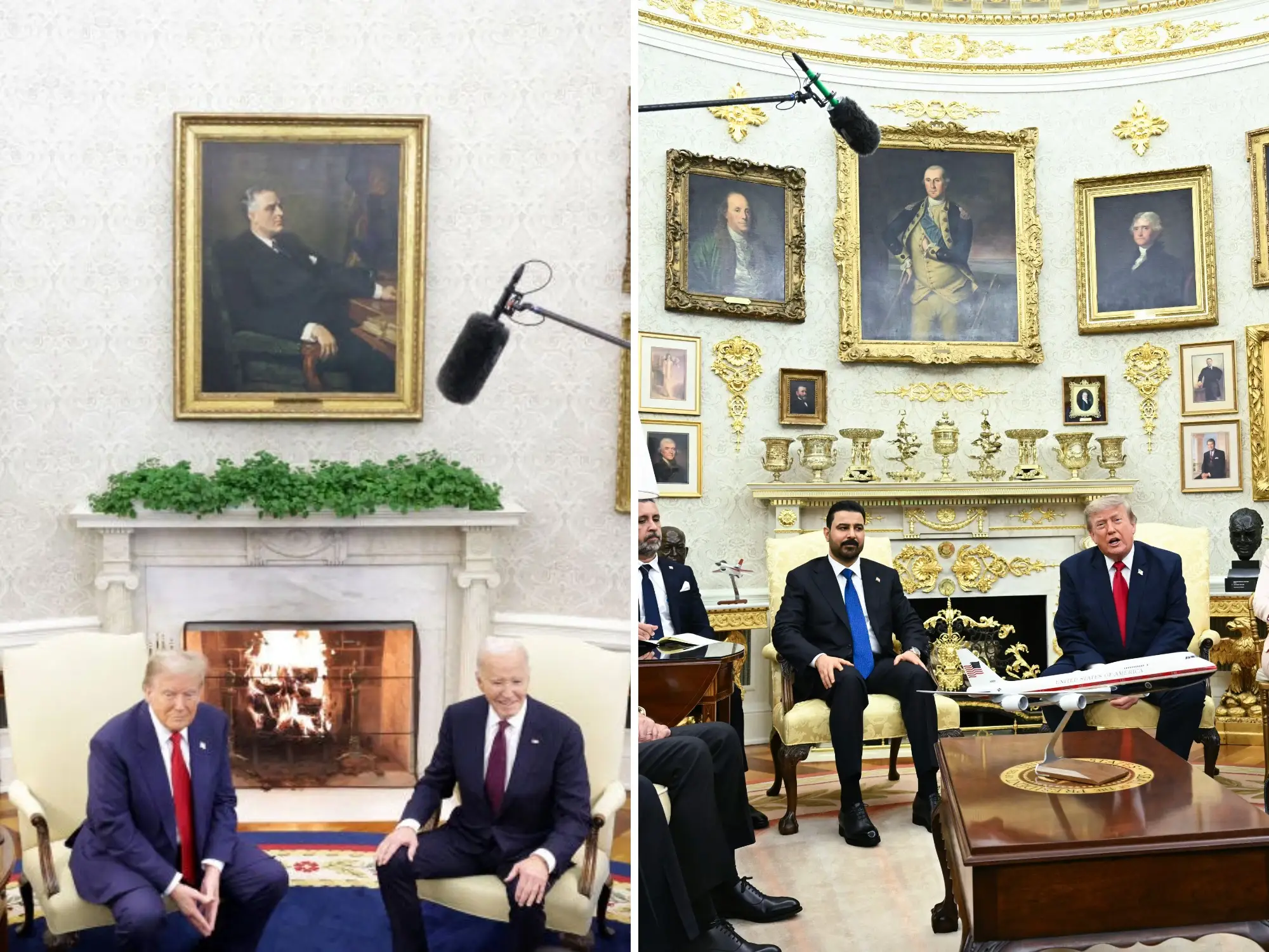 A split image showing the Oval Office during the Biden and Trump administrations.