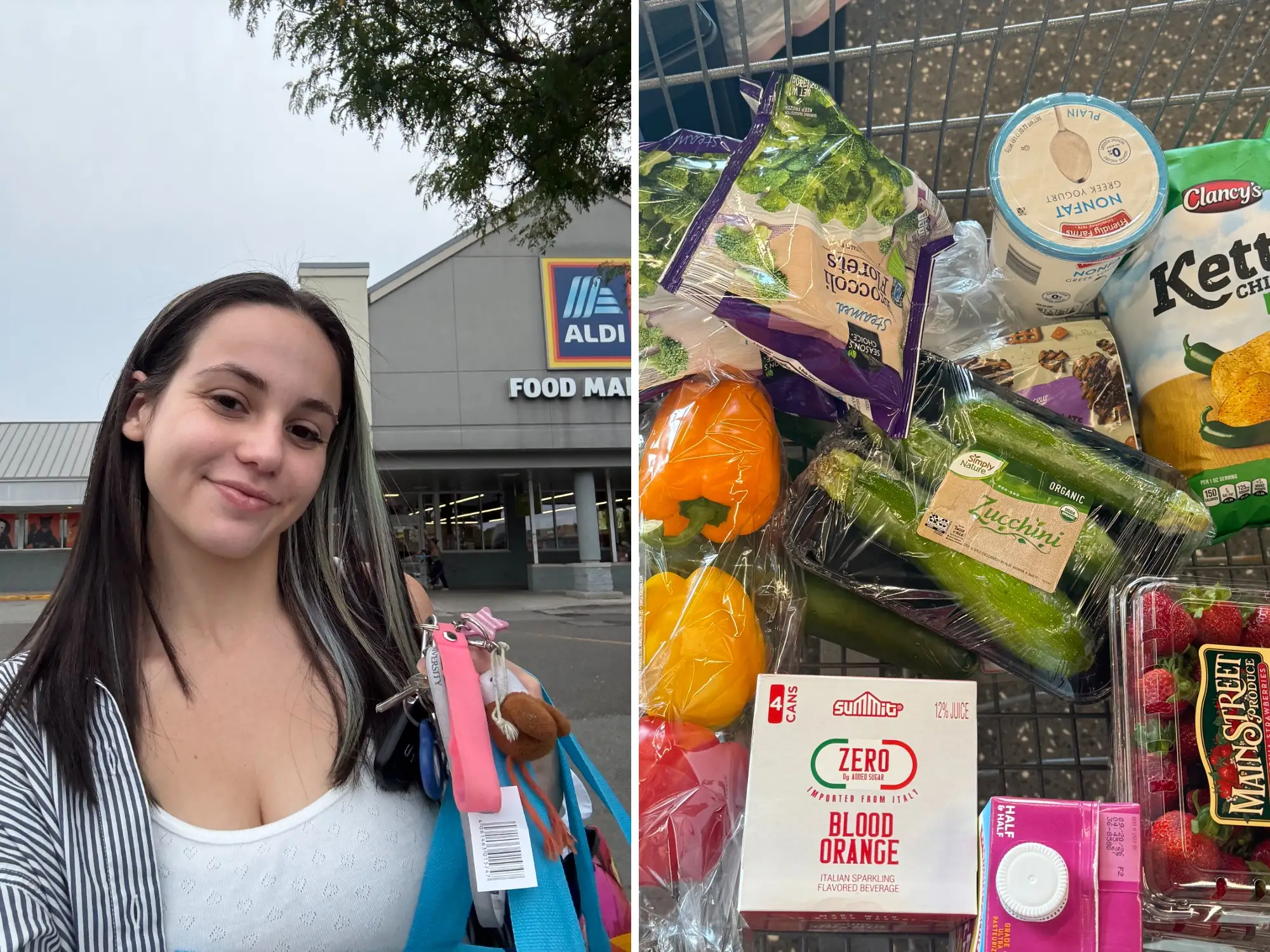 A side-by-side image of the writer outside an Aldi and a photo of the writer's grocery cart full of items from Aldi.