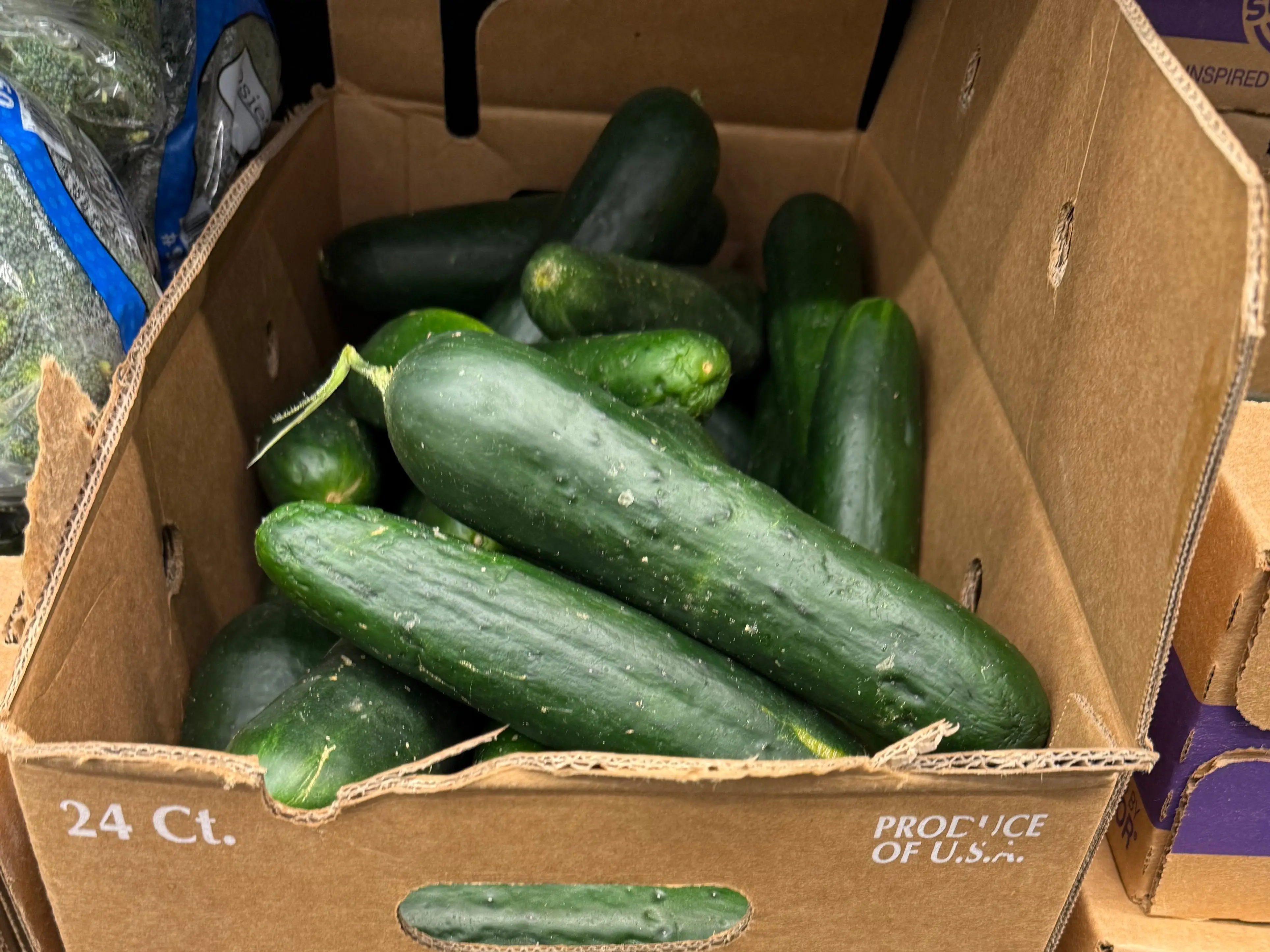Numerous cucumbers sit in a cardboard box at Aldi.