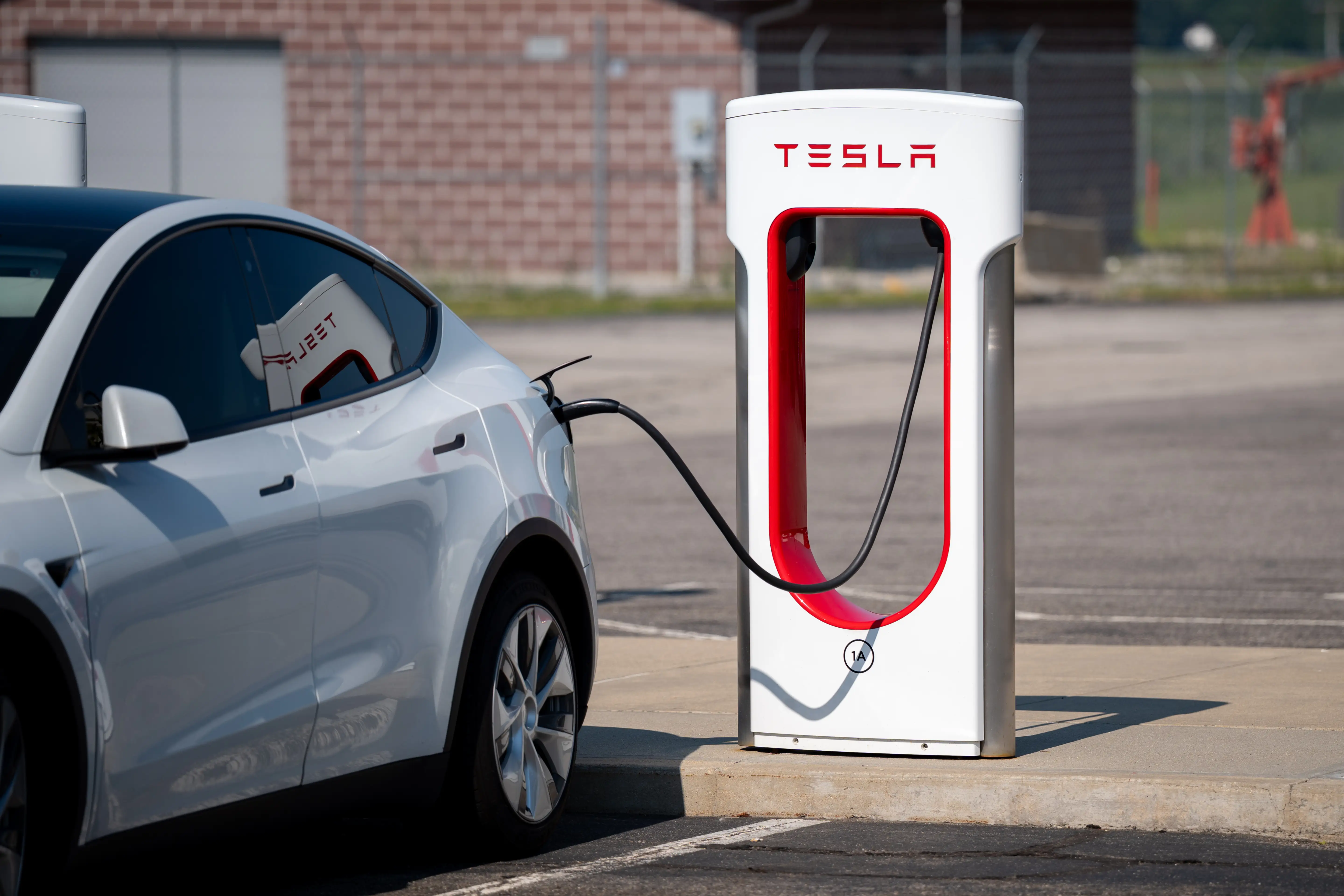 A Tesla Supercharger electric vehicle charging station is seen in Indiana, United States, on August 4, 2026. (Photo by Marcin Golba/NurPhoto via Getty Images)