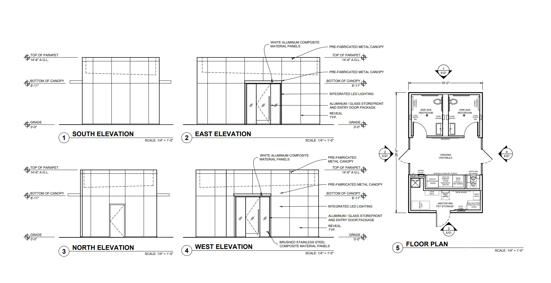 Architectural sheet showing four building elevations and a floor plan with annotated materials, canopy, doors, and lighting.