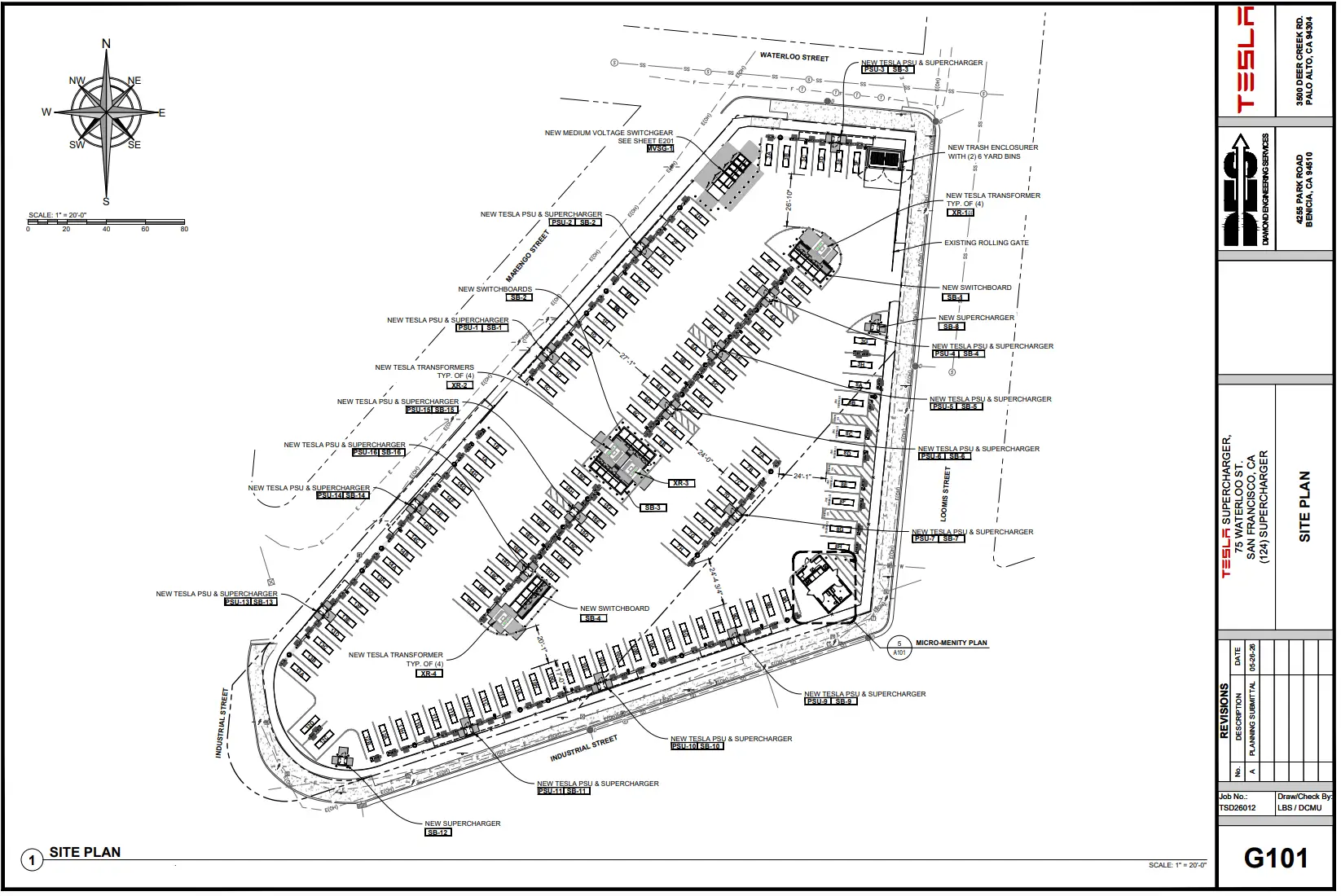 Architectural site plan for a Tesla Supercharger layout with parking stalls, equipment labels, streets, and title block.
