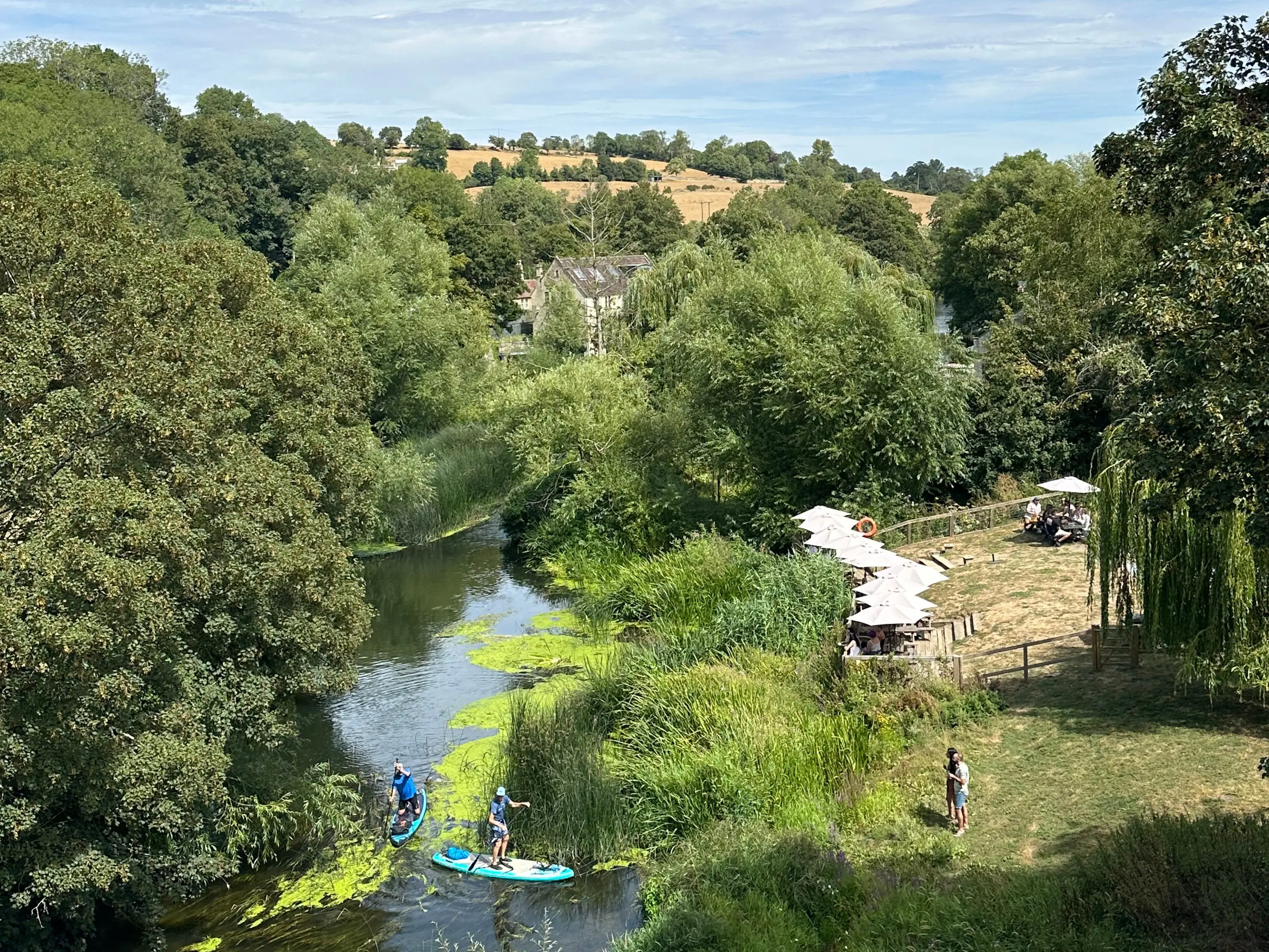 Stand-up paddleboarders travel along a narrow green river bordered by dense trees and a sunny riverside seating area.