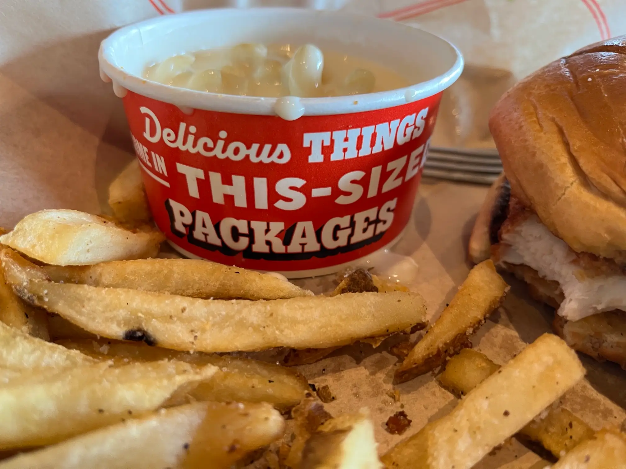 Basket of fries with a sandwich and a red cup of macaroni and cheese on restaurant paper.