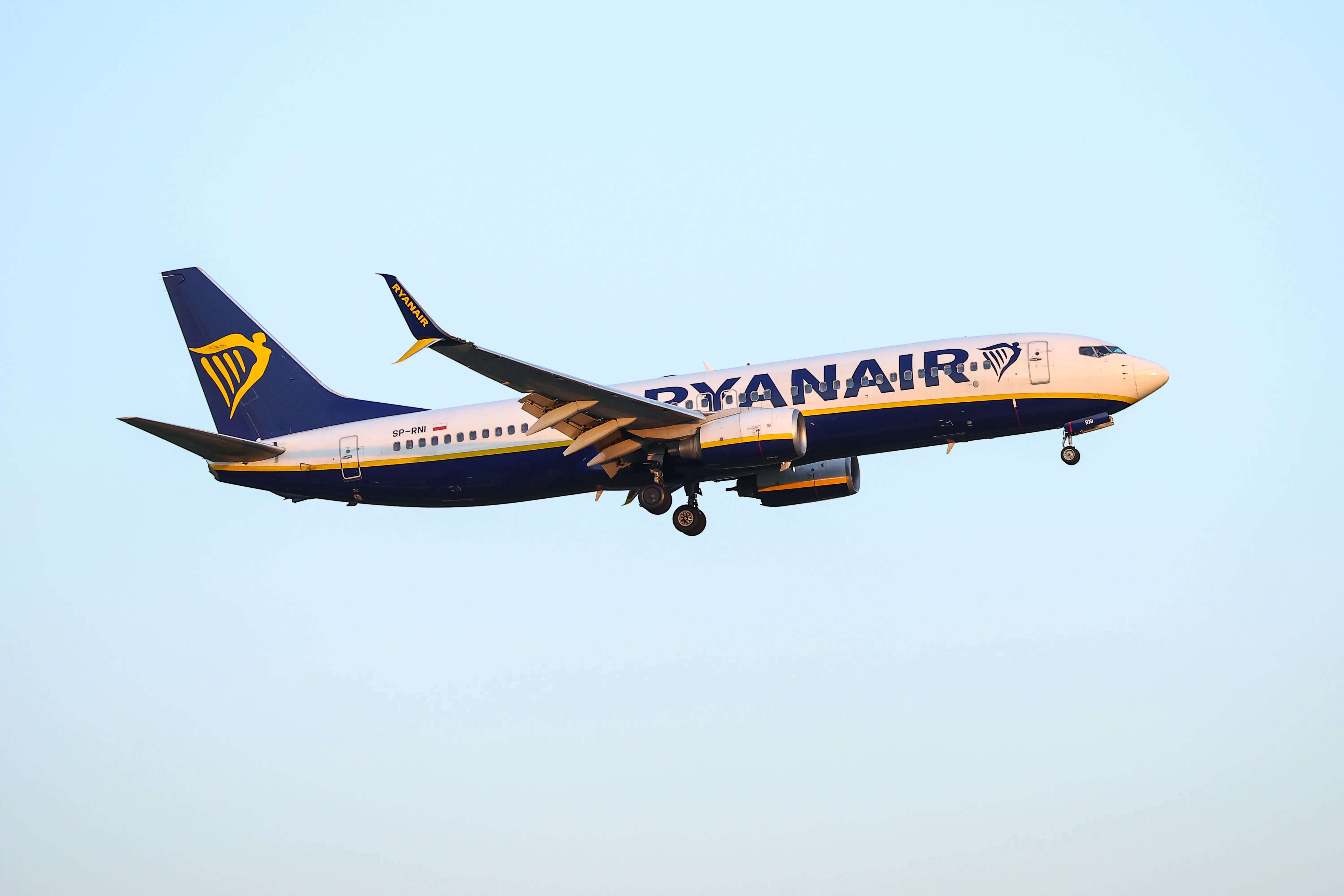 Ryanair Boeing 737-800 flying over Barcelona direction Josep Tarradellas Barcelona - El Prat airport on 28th of May, of 2026 in El Prat de Llobregat, Barcelona, Spain,