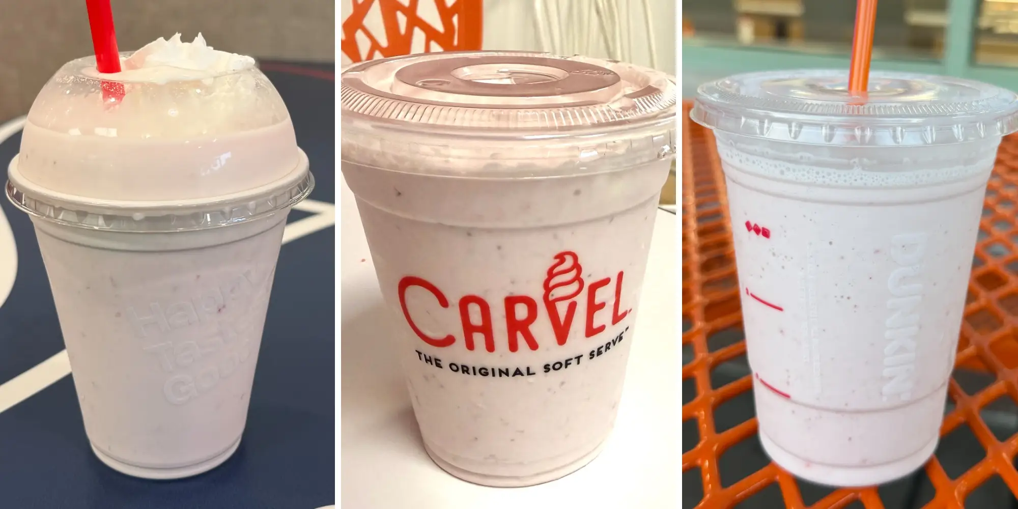 A composite image of three strawberry milkshakes.