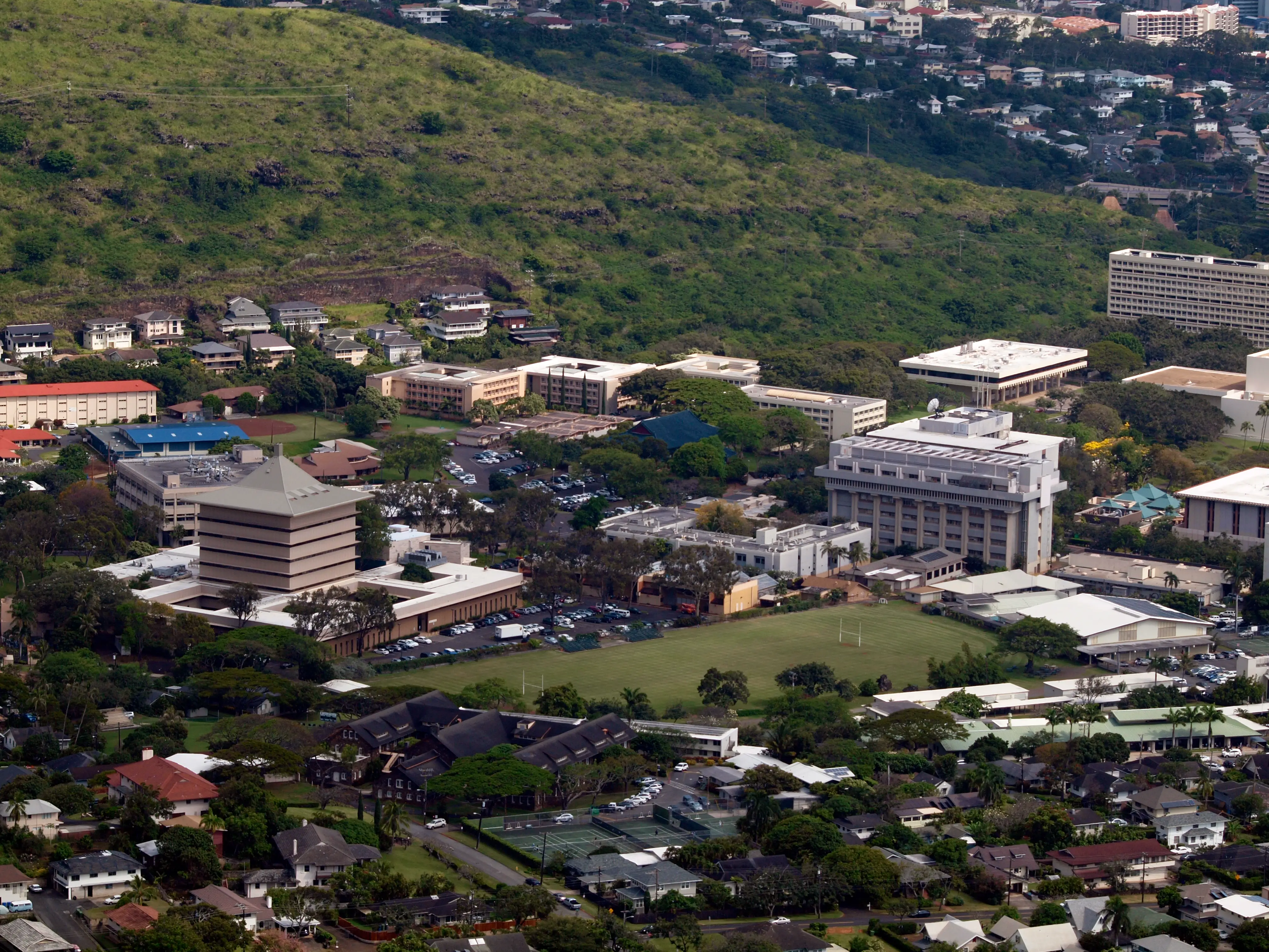 Aerial view of Landmark Mid Pacific institute, University of Hawaii, and surround neighborhood in Manoa in Honolulu, Hawaii.