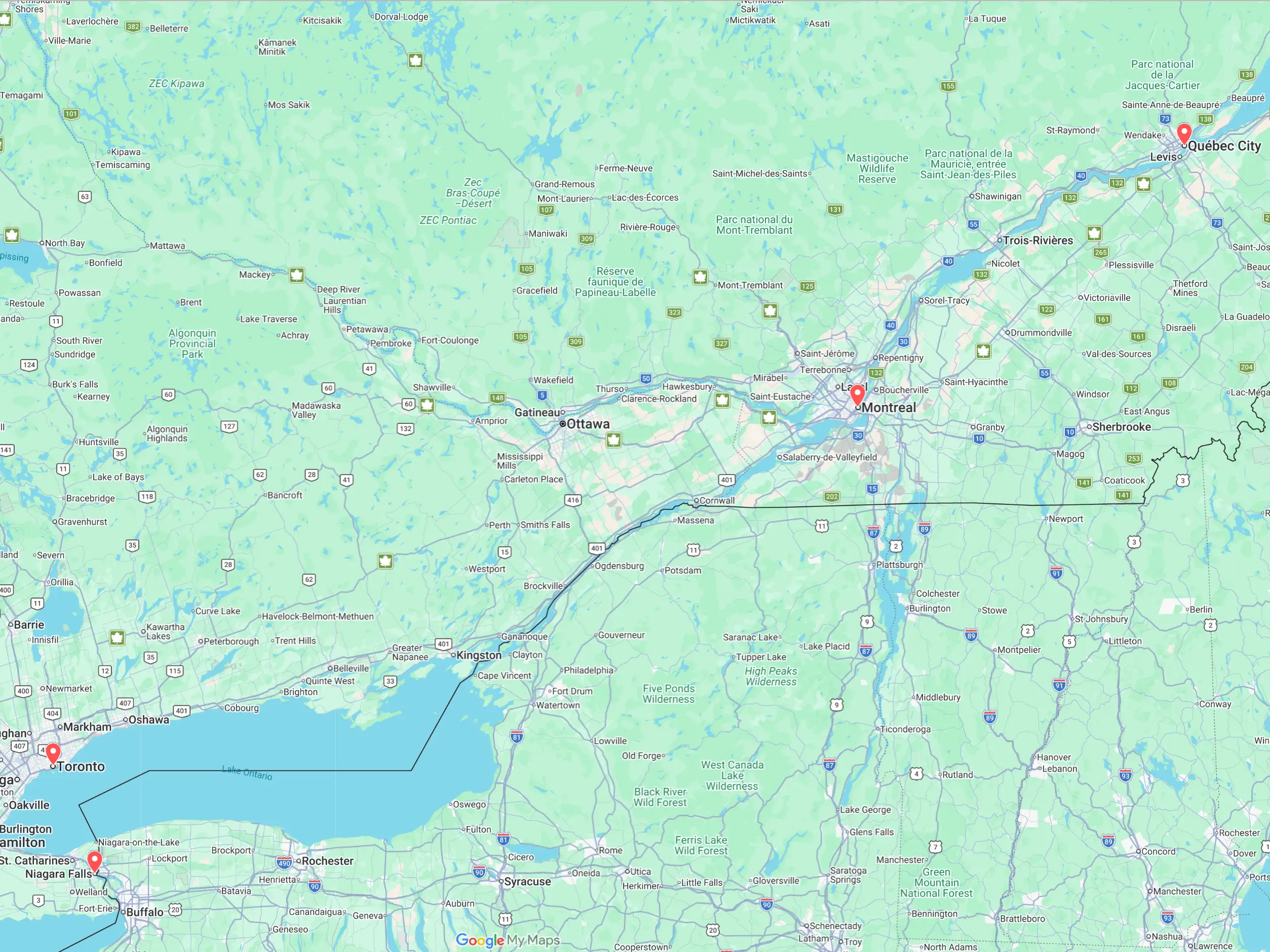 Map of eastern Canada and the northeastern United States with markers near Toronto, Montreal, Québec City, and Niagara Falls.