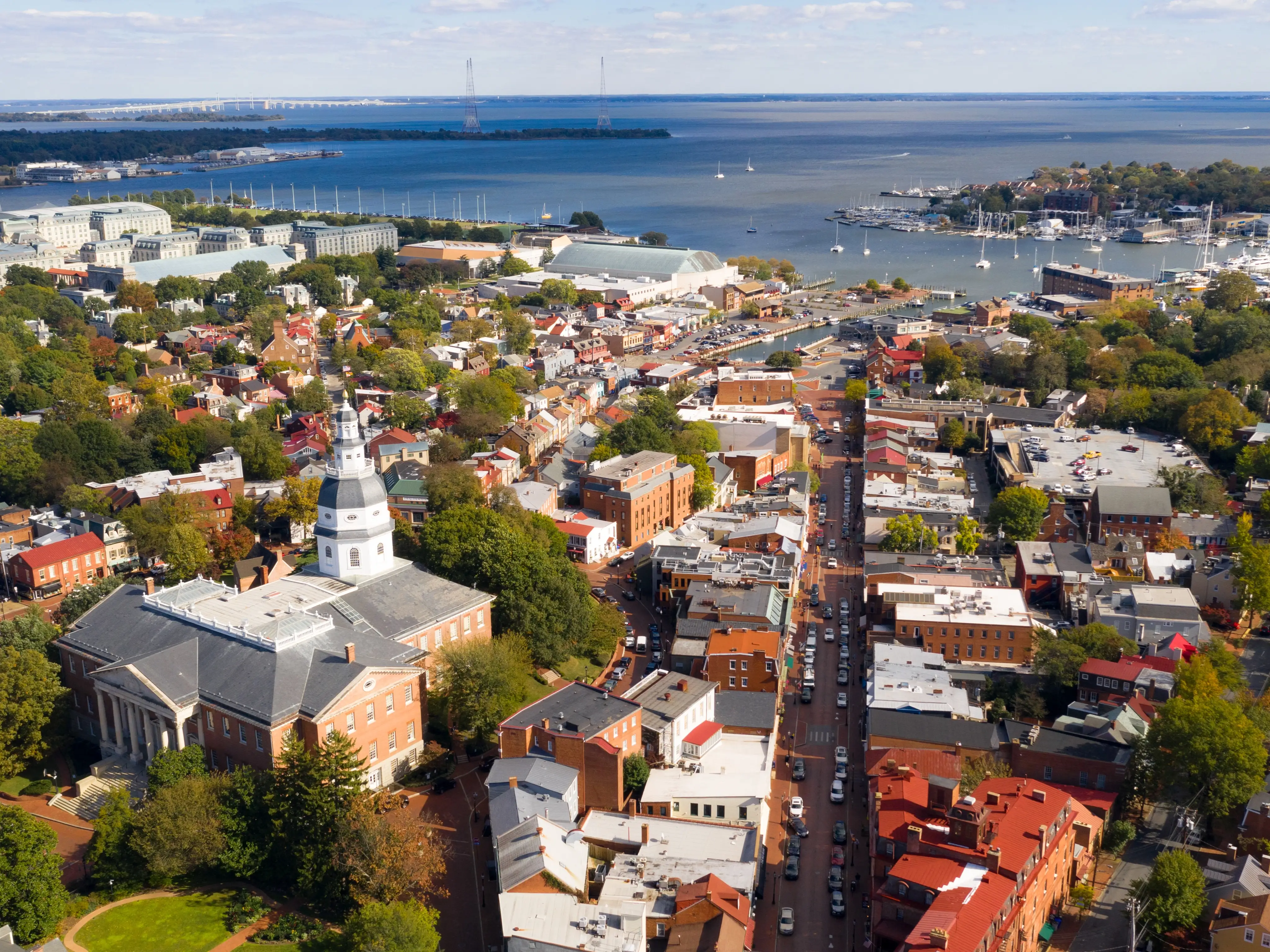 The Naval Academy Dome and the Maryland Statehouse buildings show up centered in the Annapolis Skyline