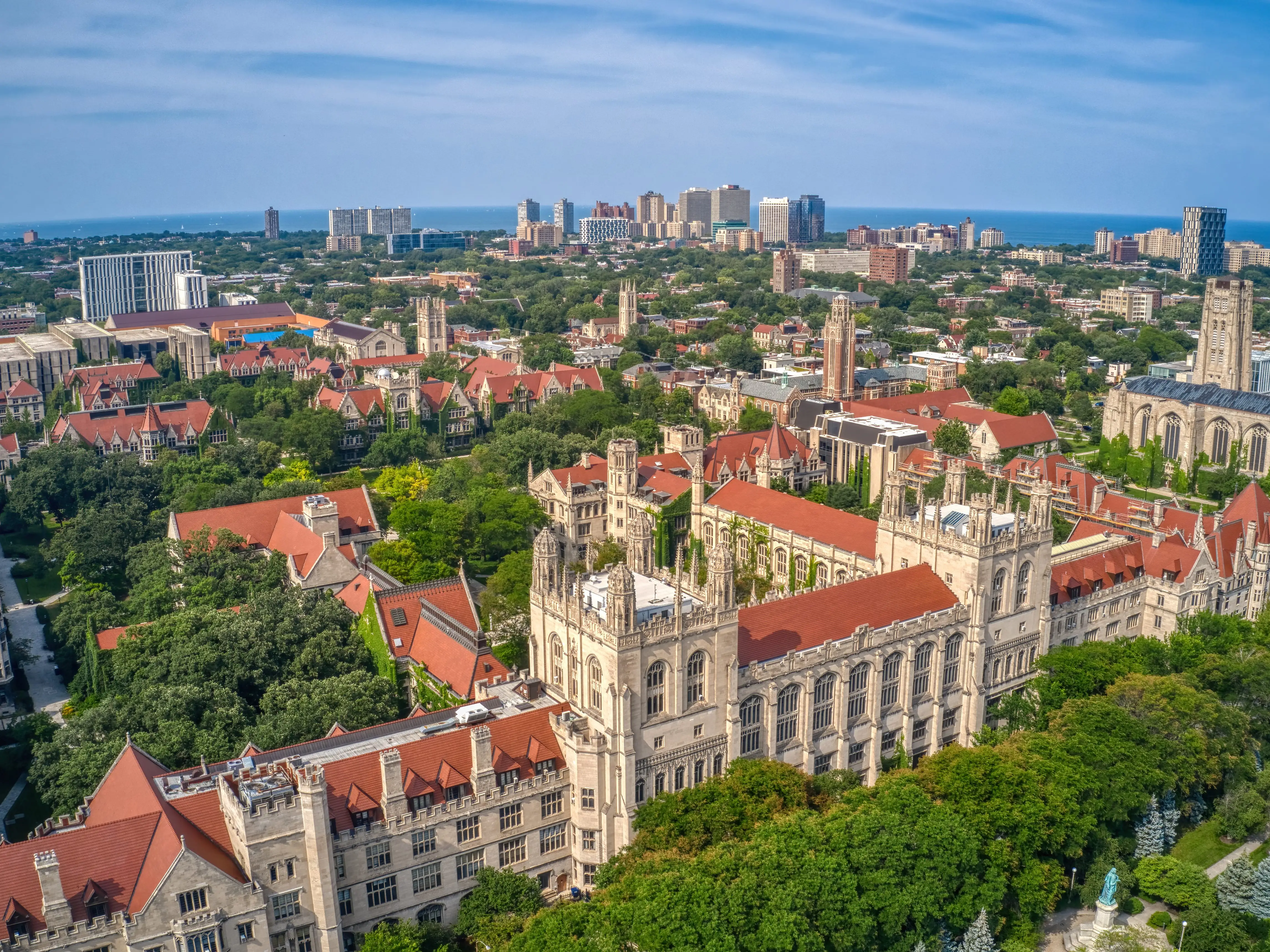 Aerial View of a large University in the Chicago Neighborhood of Hyde Park