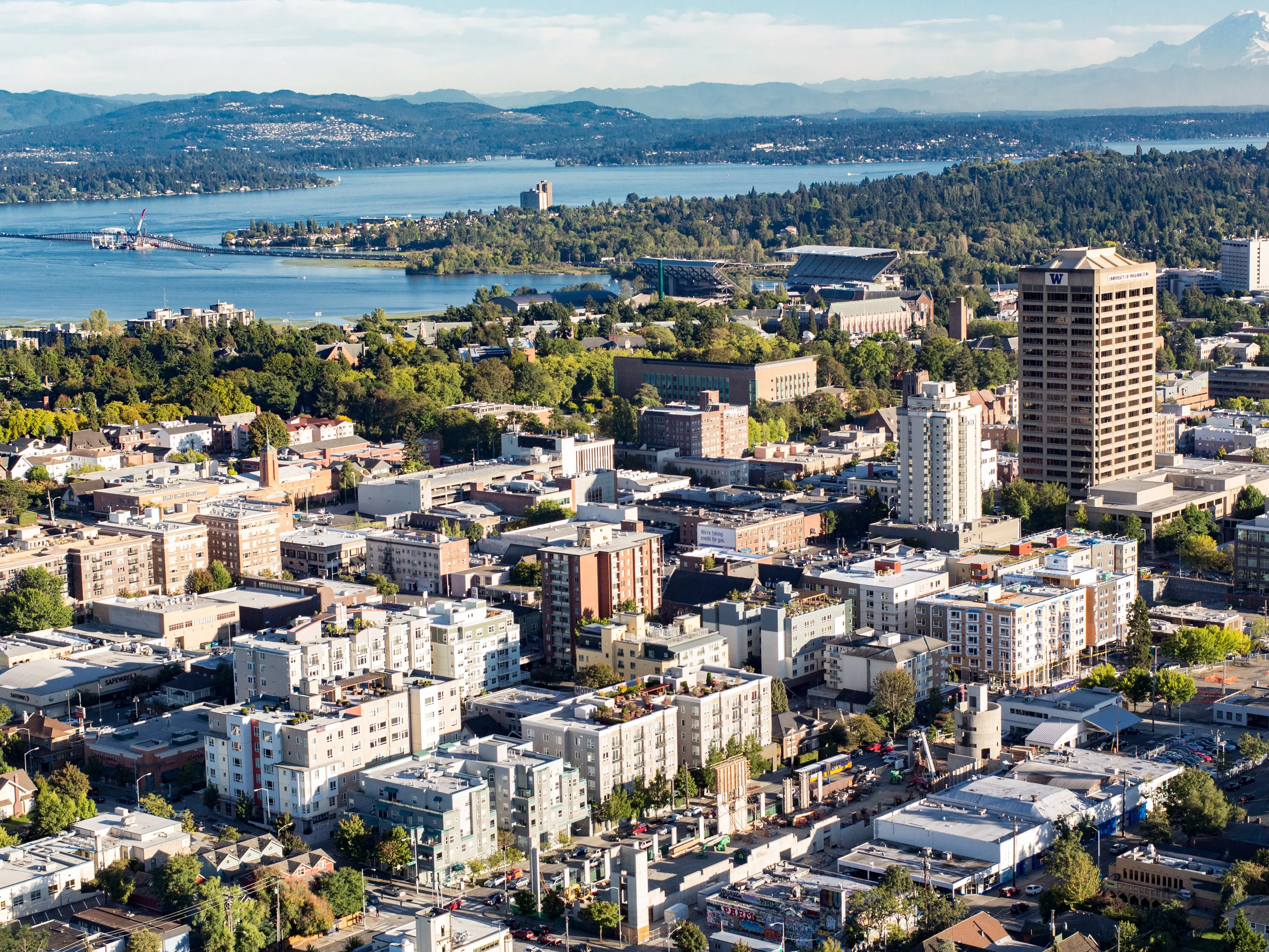 Seattle, Washington, USA - September 19, 2013: Aerial panoramic view of Seattle University of Washington District Neighborhood, Mt Rainer, and Lake Washington