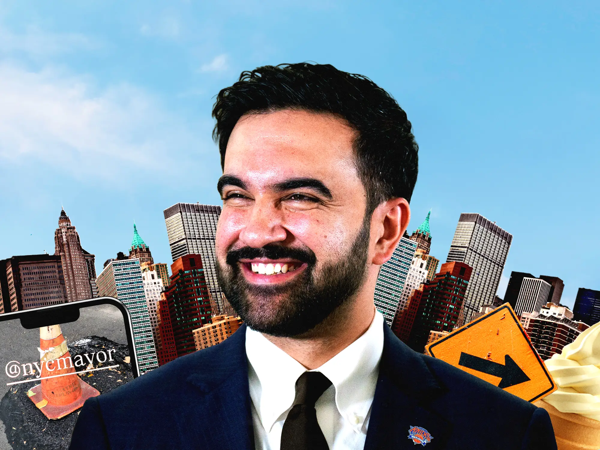 Collage featuring Mayor Zohran Mamdani smiling before the New York City skyline, with a phone displaying the @nycmayor text, ice cream, and a construction sign.