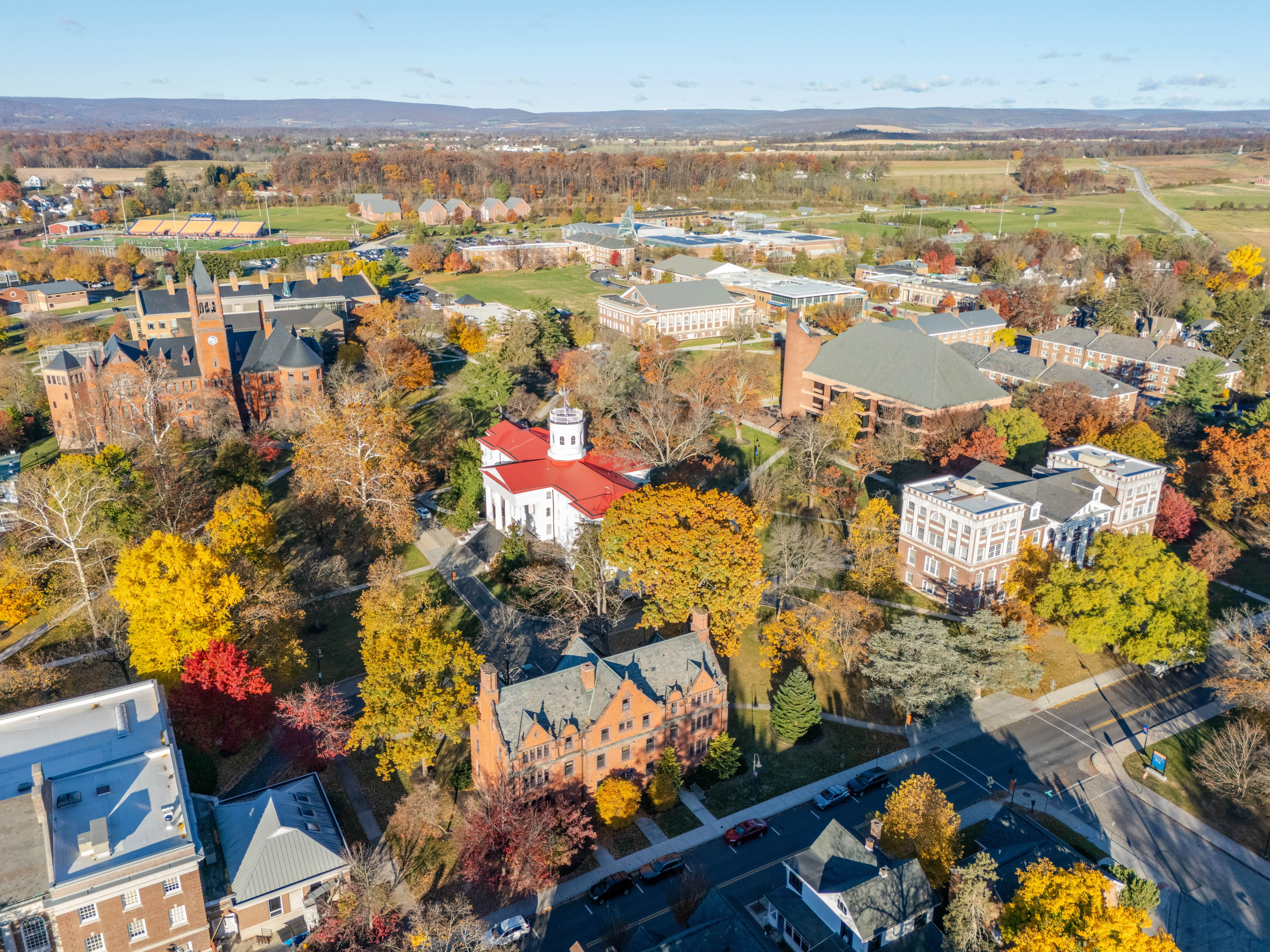 Aerial View of the Gettysburg College Campus With Fall Colors in Gettysburg Pennsylvania