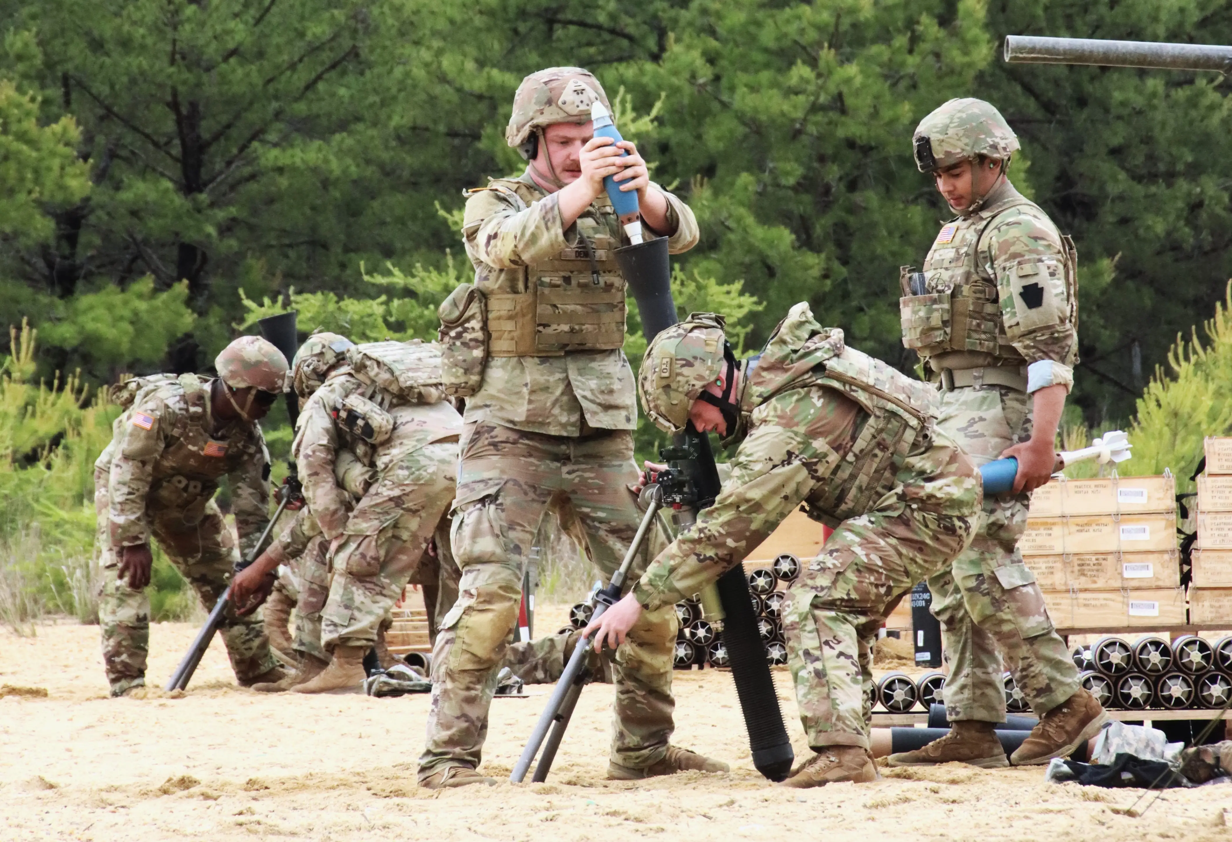 US soldiers fire mortars during a training event at Fort Dix, New Jersey, May 31st, 2025.