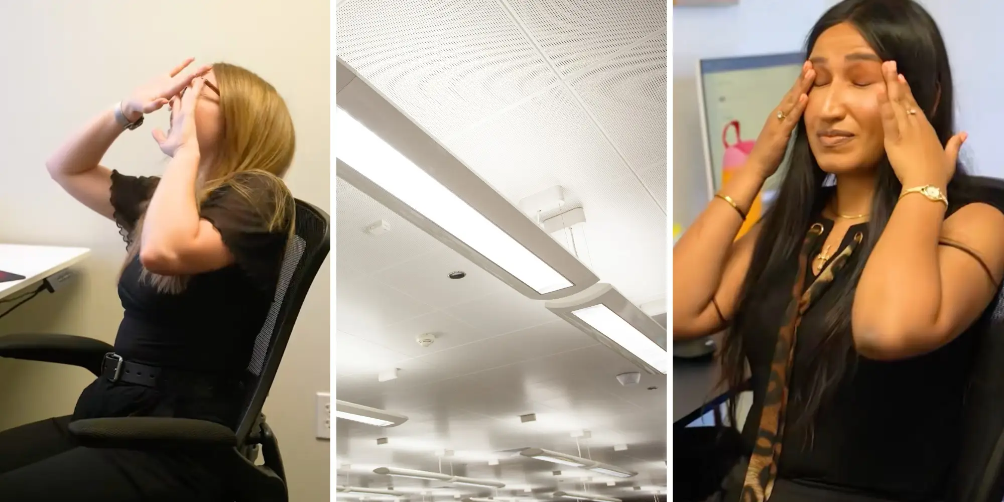 Left and right: Gen Z employees at Atlas Financial's office react negatively to an overhead light. Middle: a row of white fluorescent ceiling lights.
