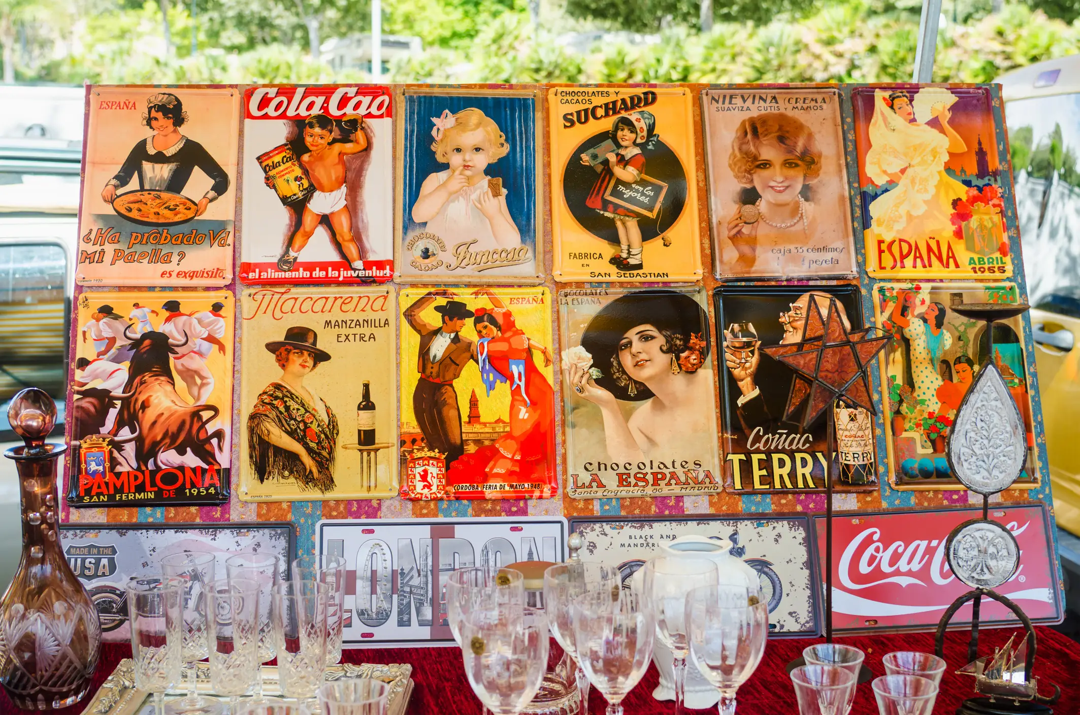 Display of retro tin advertisements