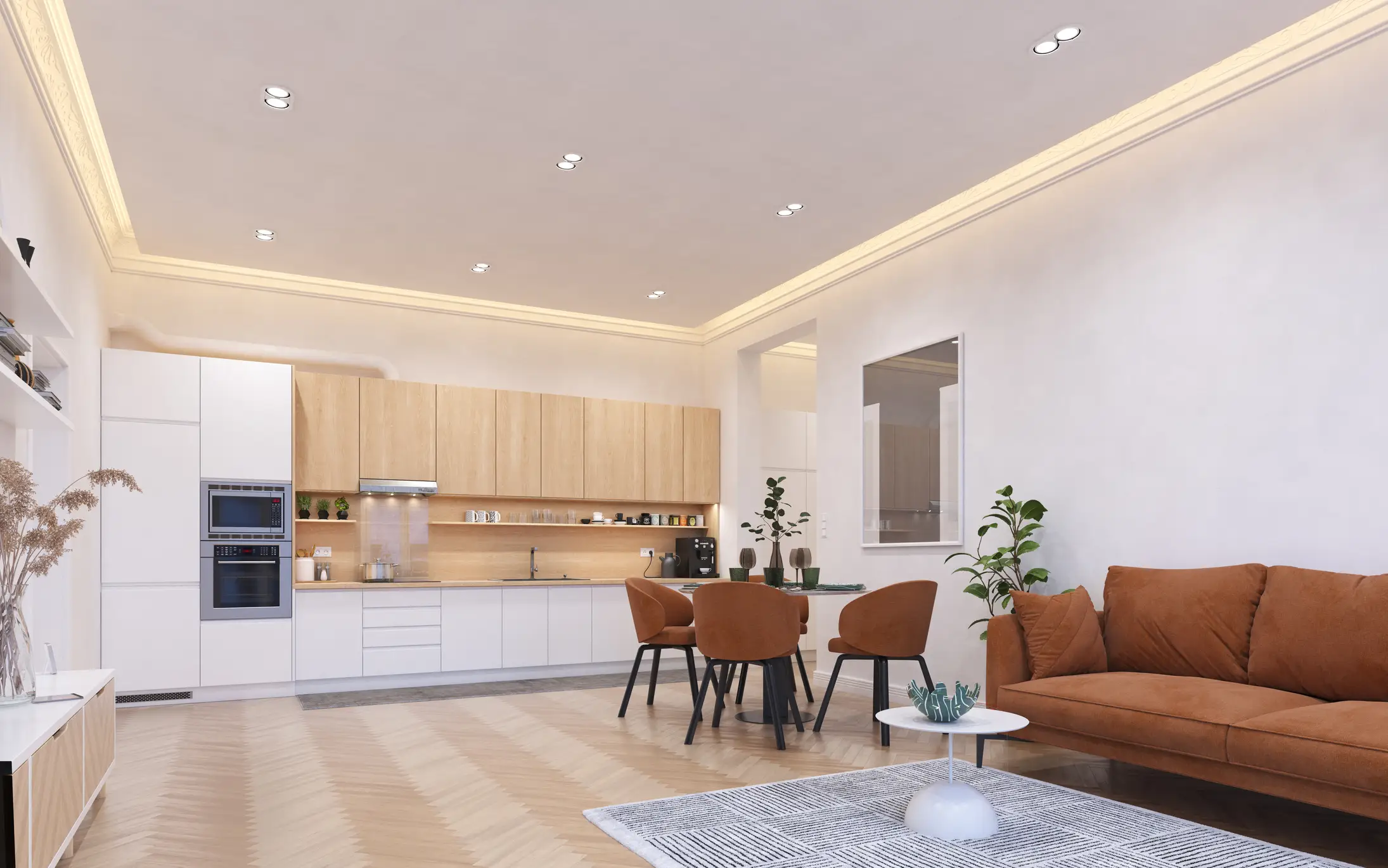open concept kitchen and living room area with recessed lights