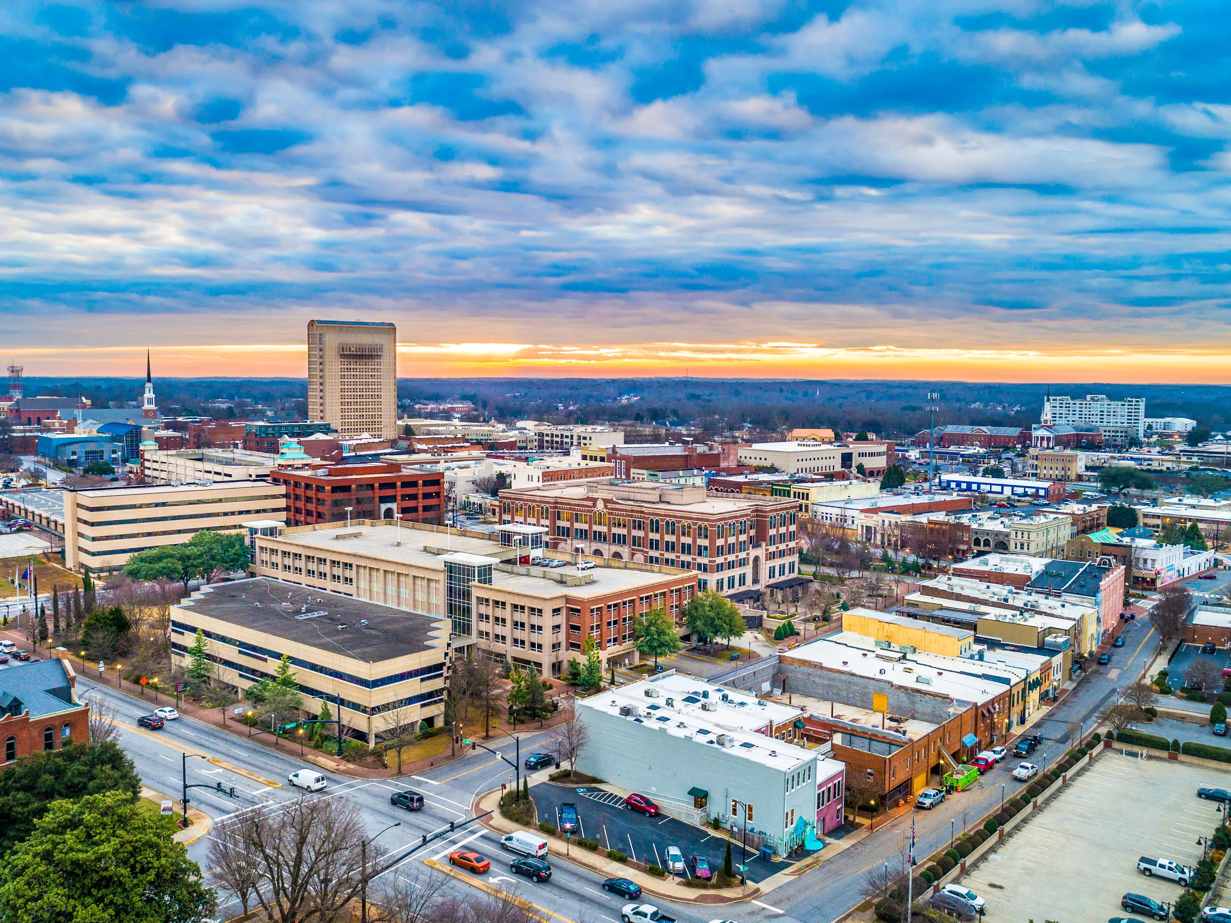 Drone Aerial of Main Street in Downtown Spartanburg, South Carolina, USA.