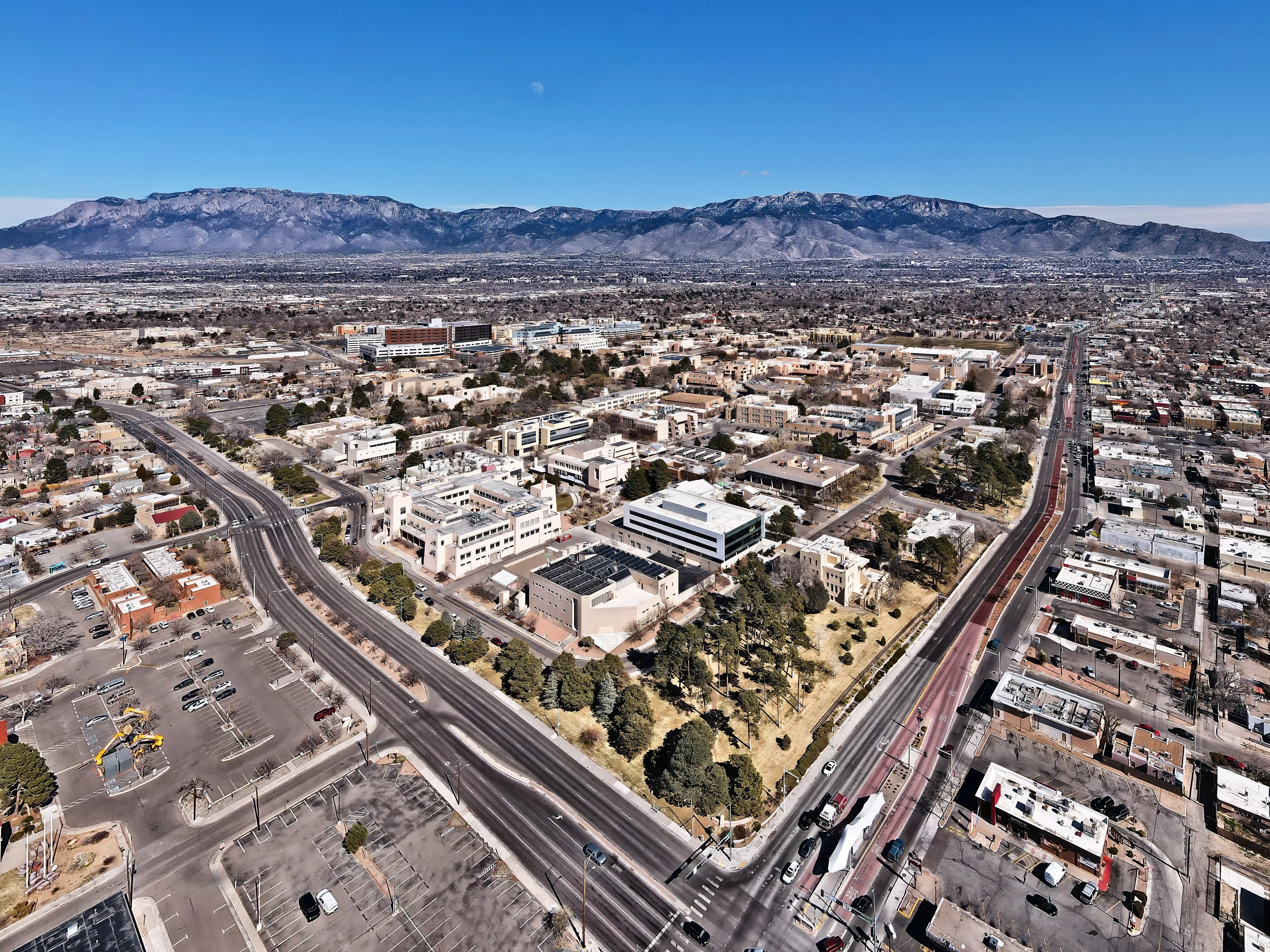 Univeristy of New Mexico Campus viewed from a drone, showing Central Avenye and University Blvd
