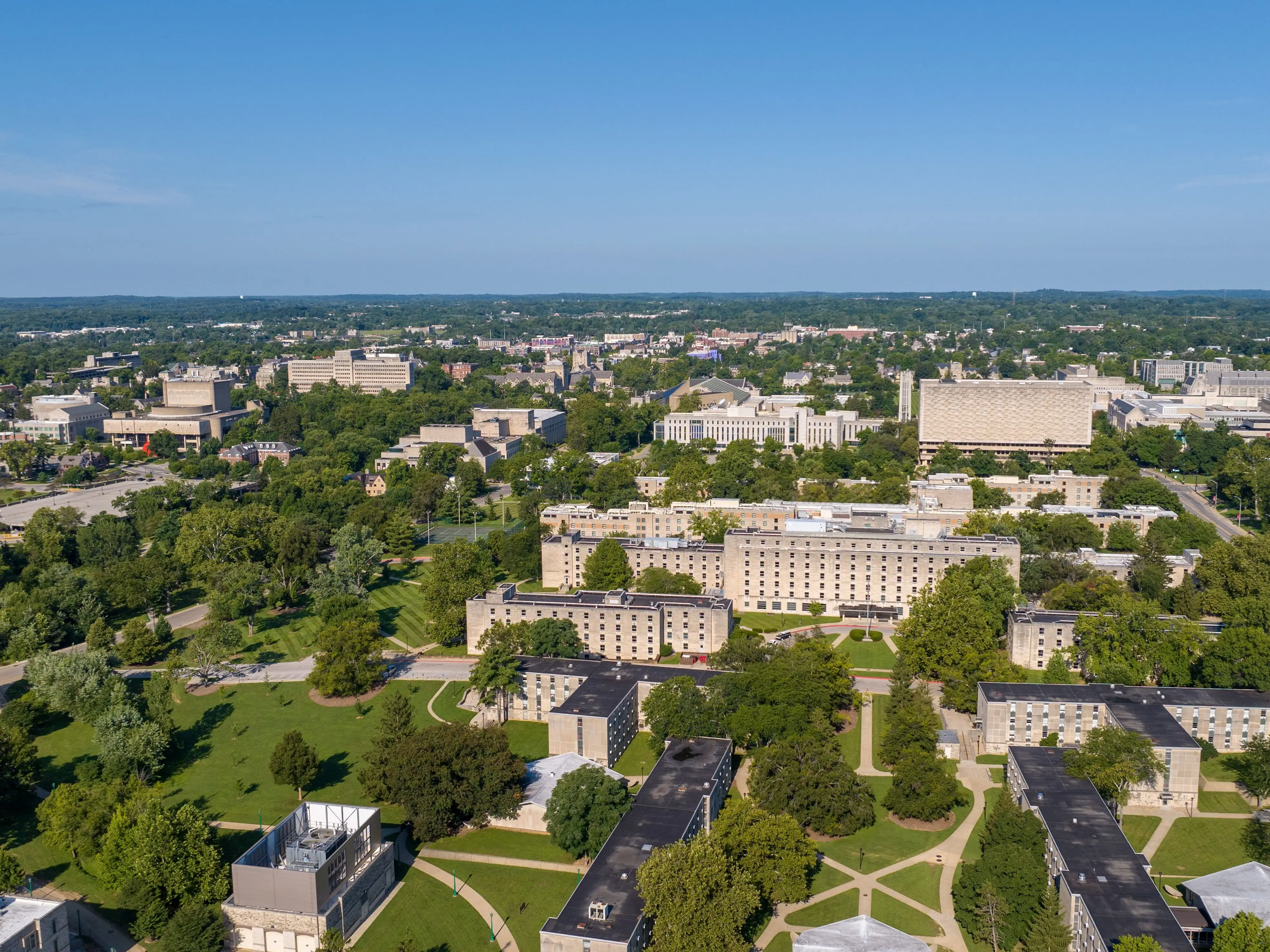 Bloomington, United States — August 04, 2025: Aerial view of College Campus dormitories on the Indiana University campus.