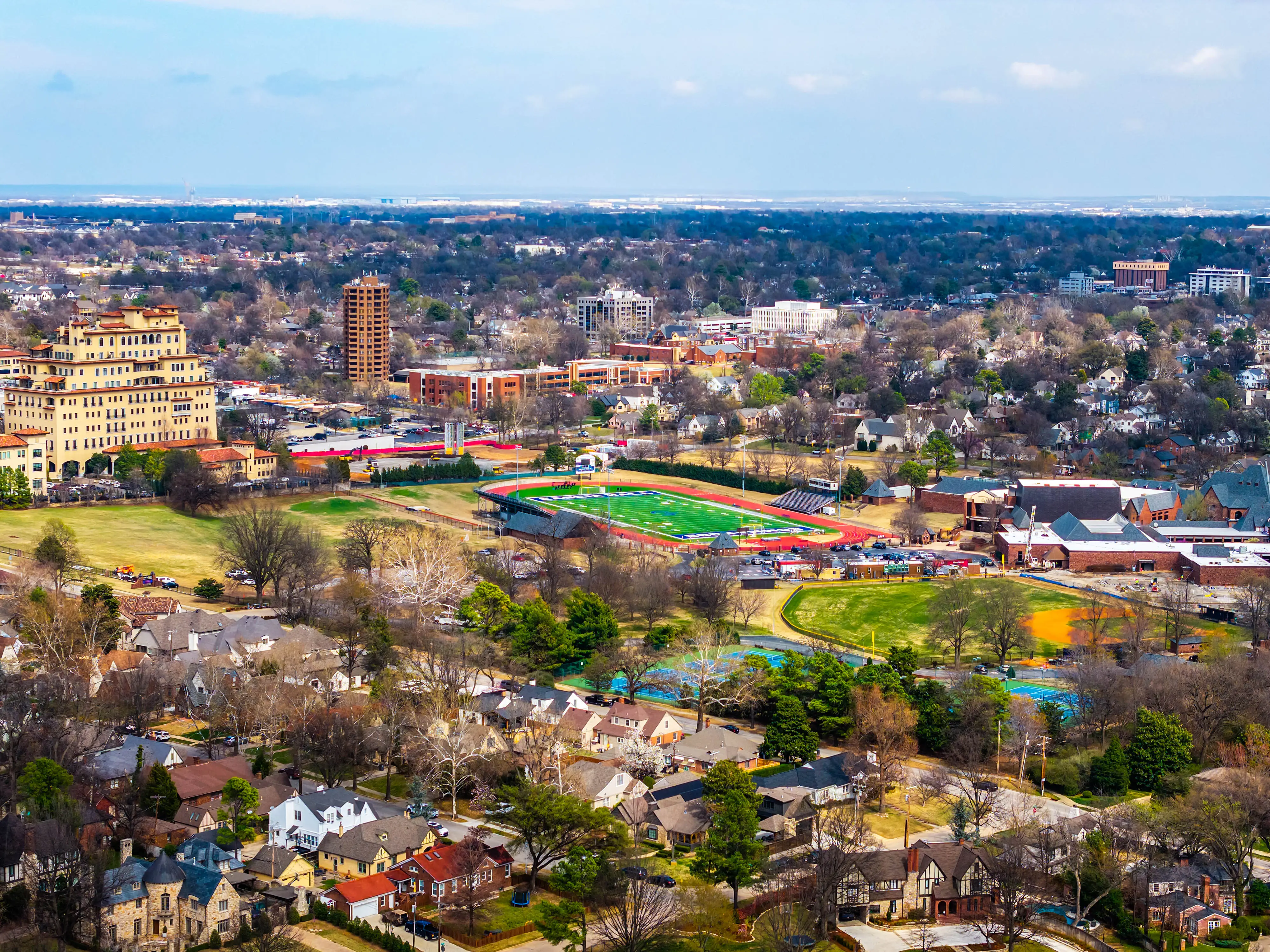 Tulsa, OK, USA - March 10, 2026: Aerial view of University of Tulsa campus with Chapman Stadium and surrounding residential neighborhoods in Tulsa Oklahoma