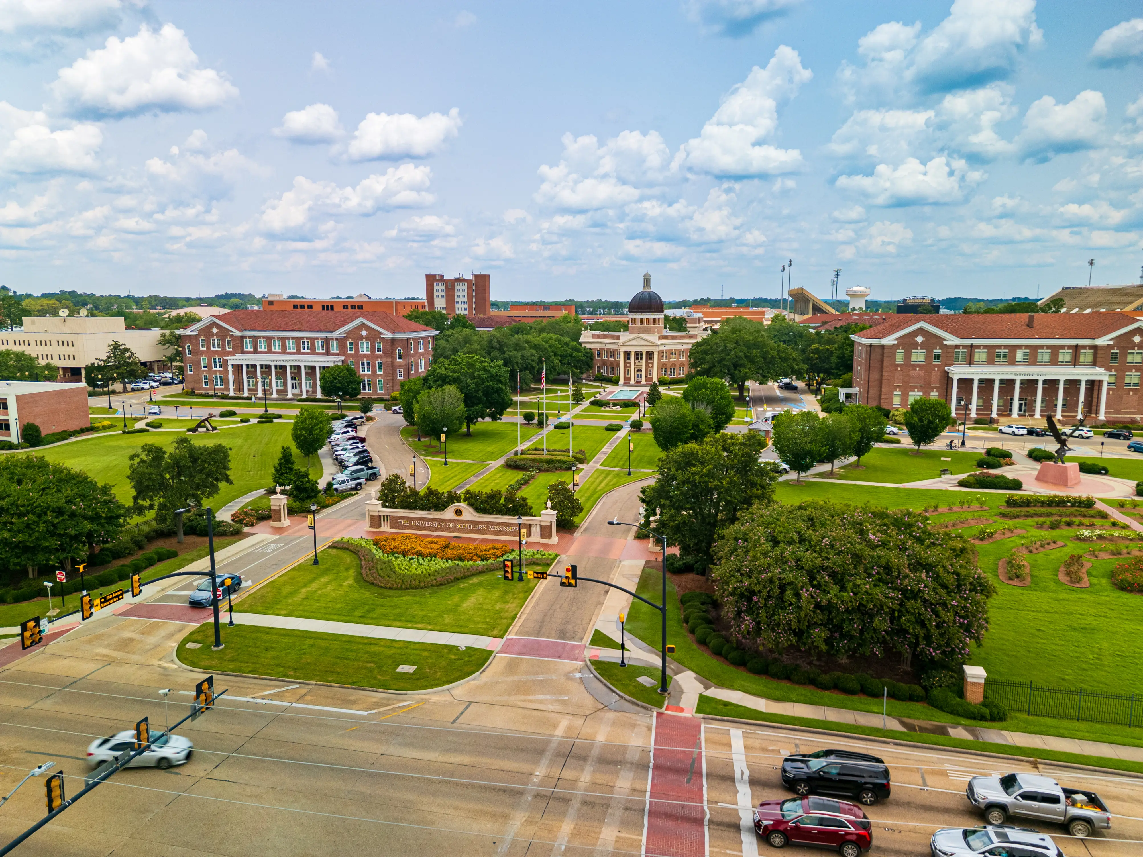 Hattiesburg, MS - June 2, 2025: Entrance to the campus of the University of Southern Mississippi