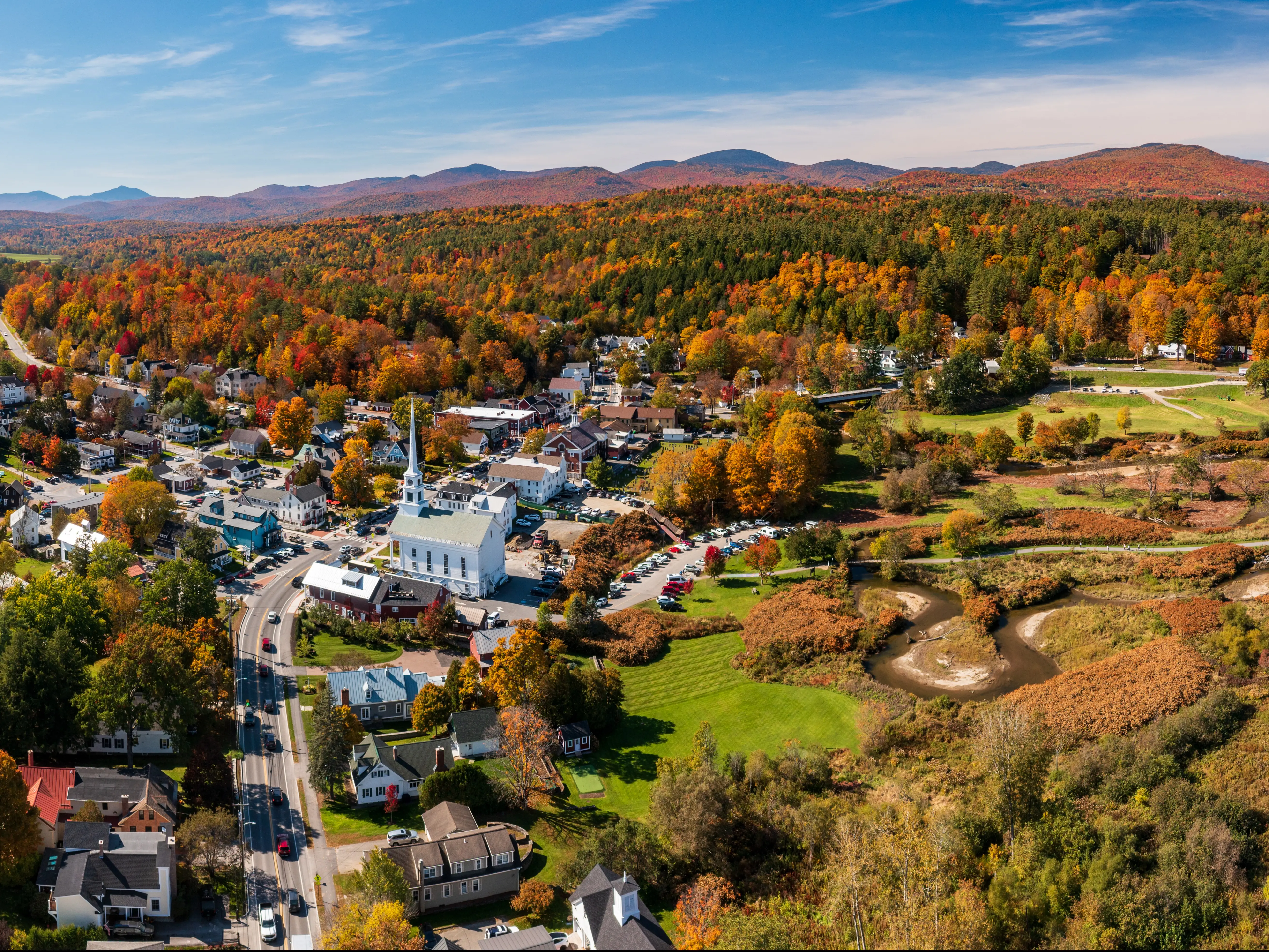 Panoramic aerial view of the town of Stowe in Vermont in the fall
