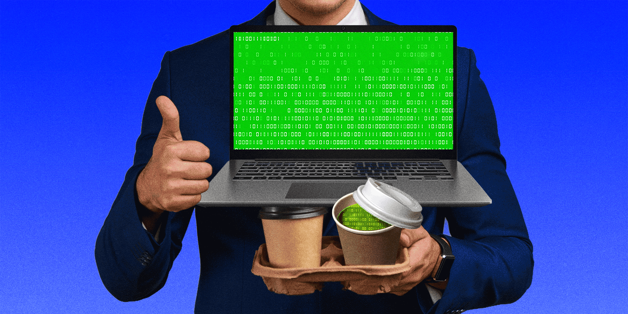 Intern in a suit gives a thumbs-up while holding a laptop with green binary code and takeaway coffees filled with code.