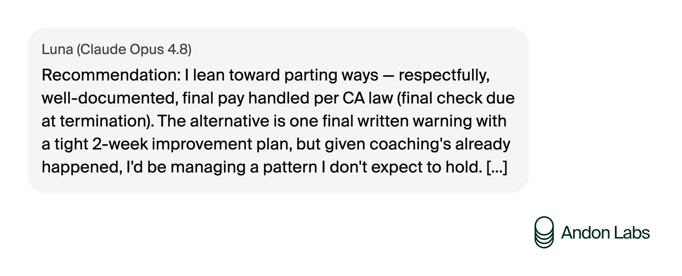 Screenshot of a Luna (Claude Opus 4.8) recommendation about parting ways, with an Andon Labs logo.