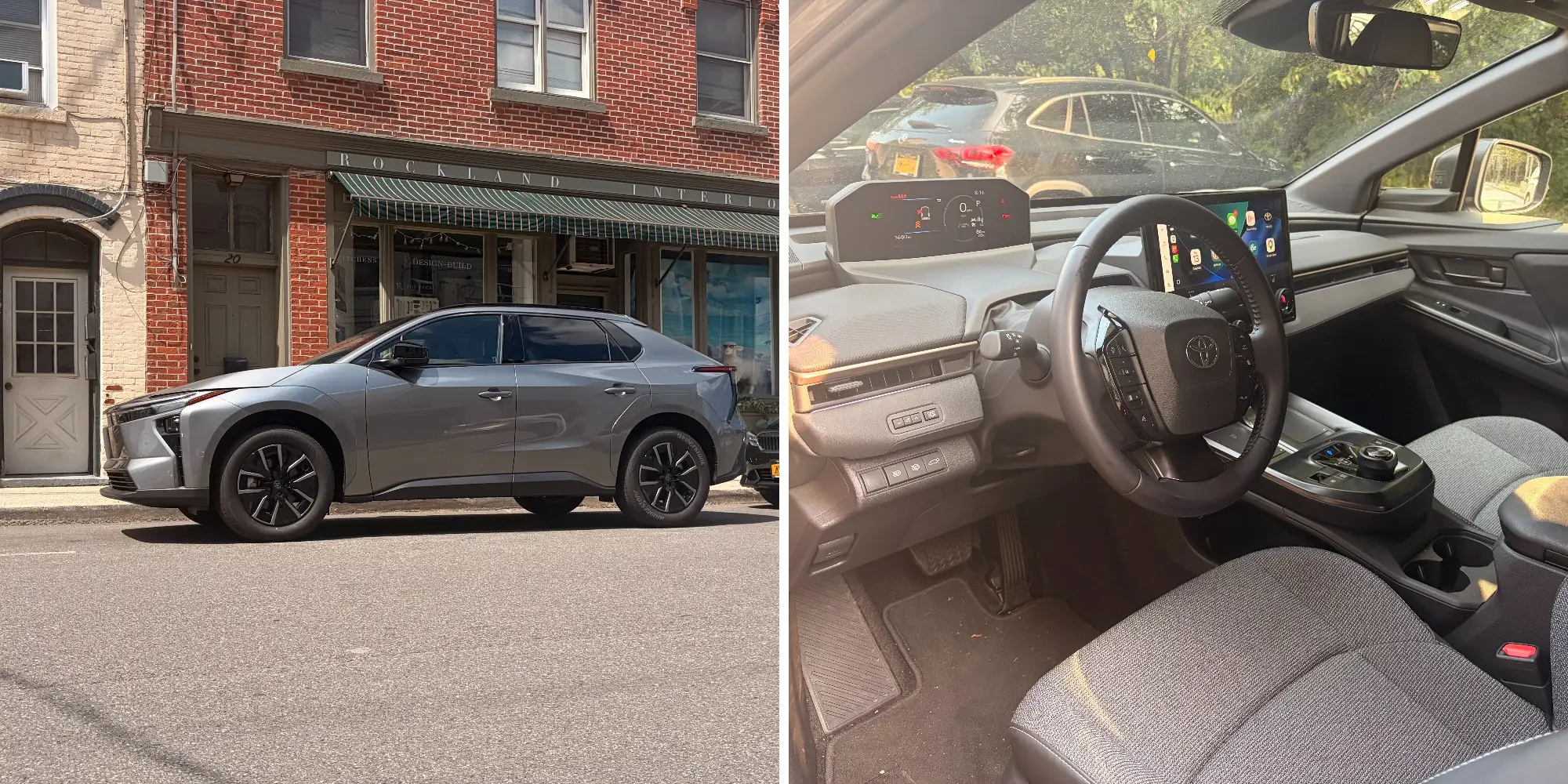 Left: a silver 2026 Toyota bZ's exterior side profile. Right: the front seats in the bZ.