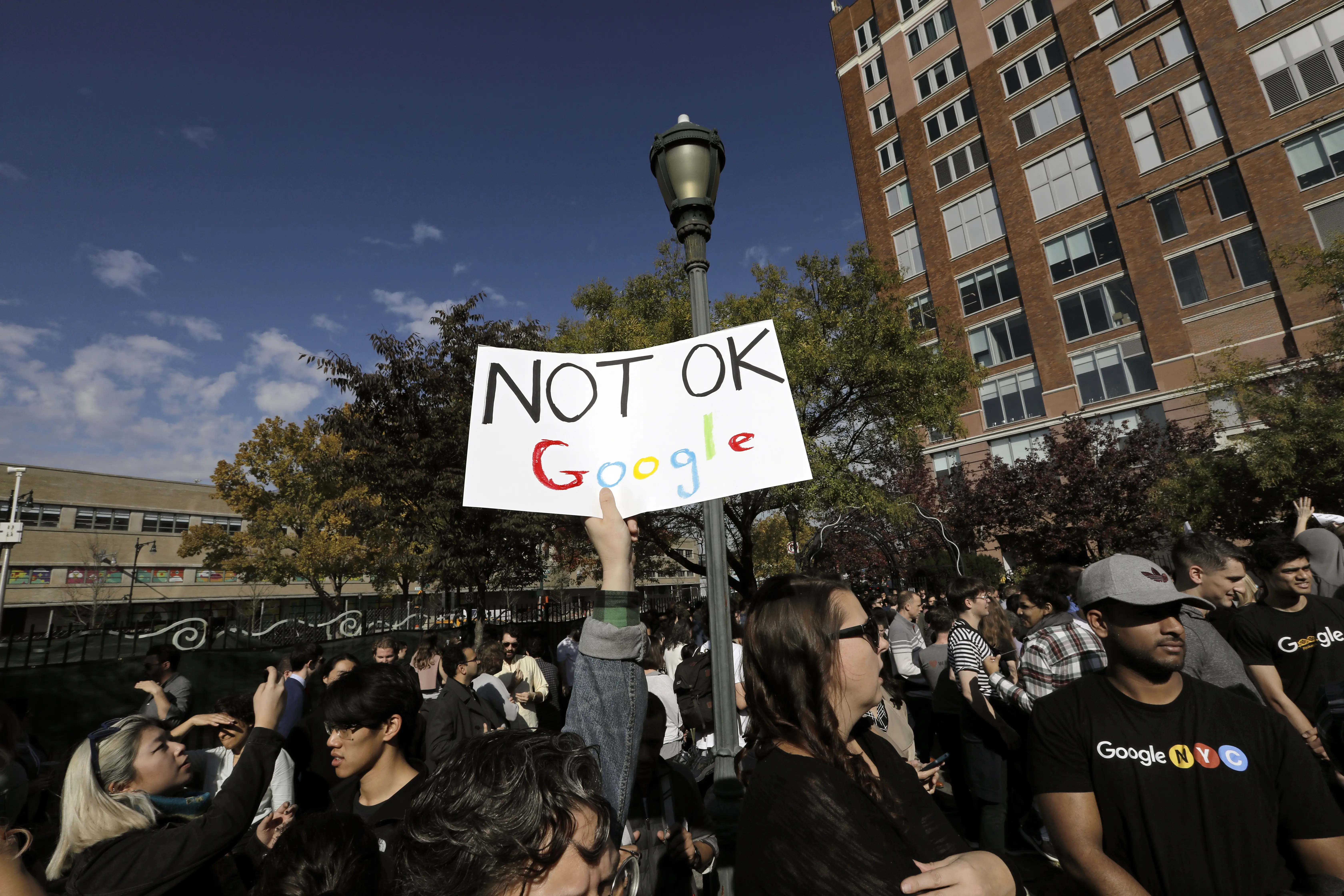 A Google employee holds a sign during a walkout to protest how the tech giant handled sexual misconduct at Jackson Square Park in New York in 2018.