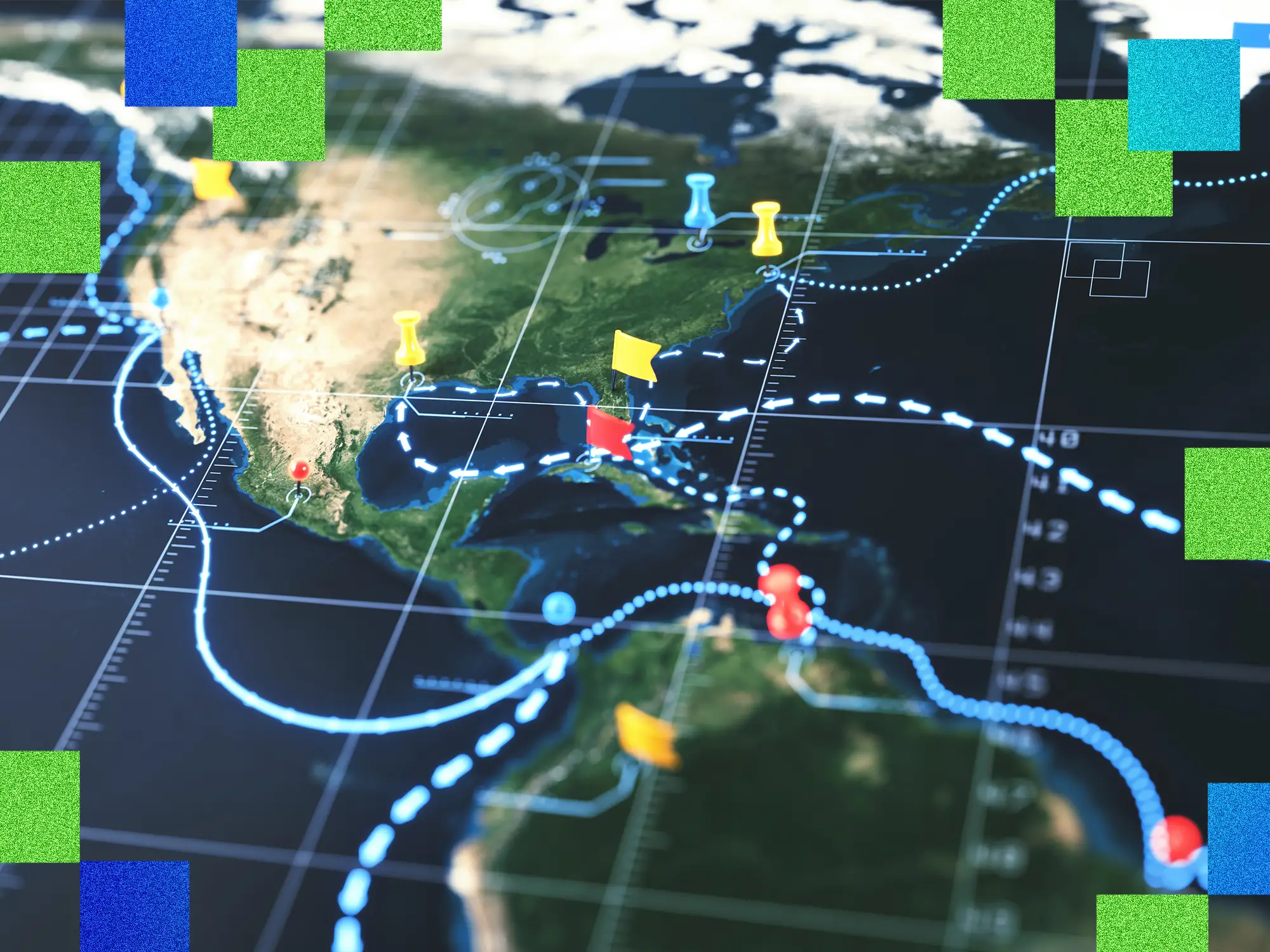 Strategic world map of the Americas with digital infographics overlay - stock photo