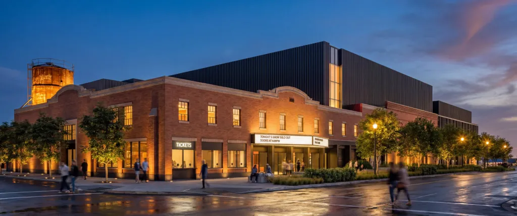 Illustration of an entertainment venue with a brick facade and a dark modern addition at dusk, with people outside and 