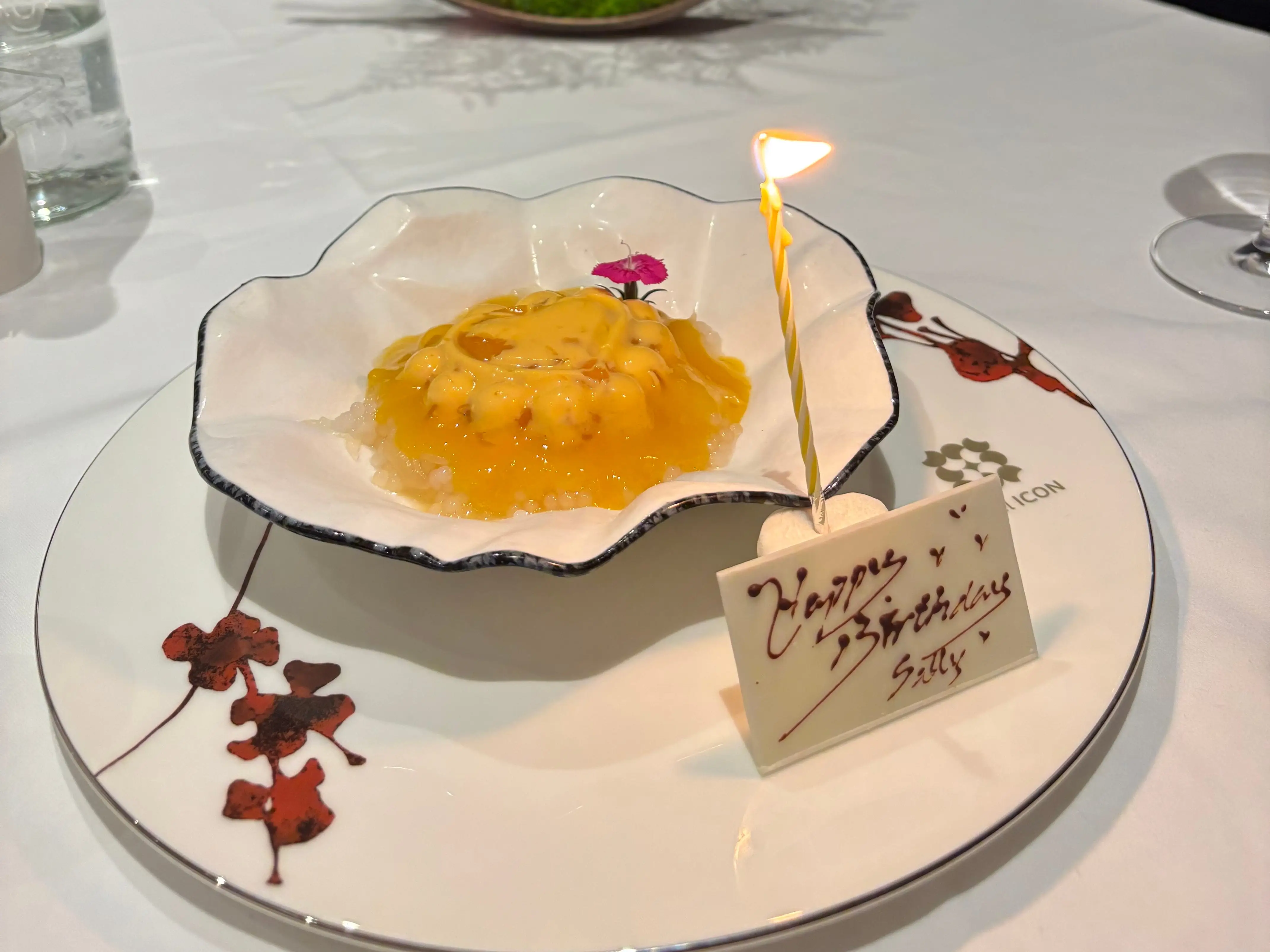 A dessert with a sign that reads