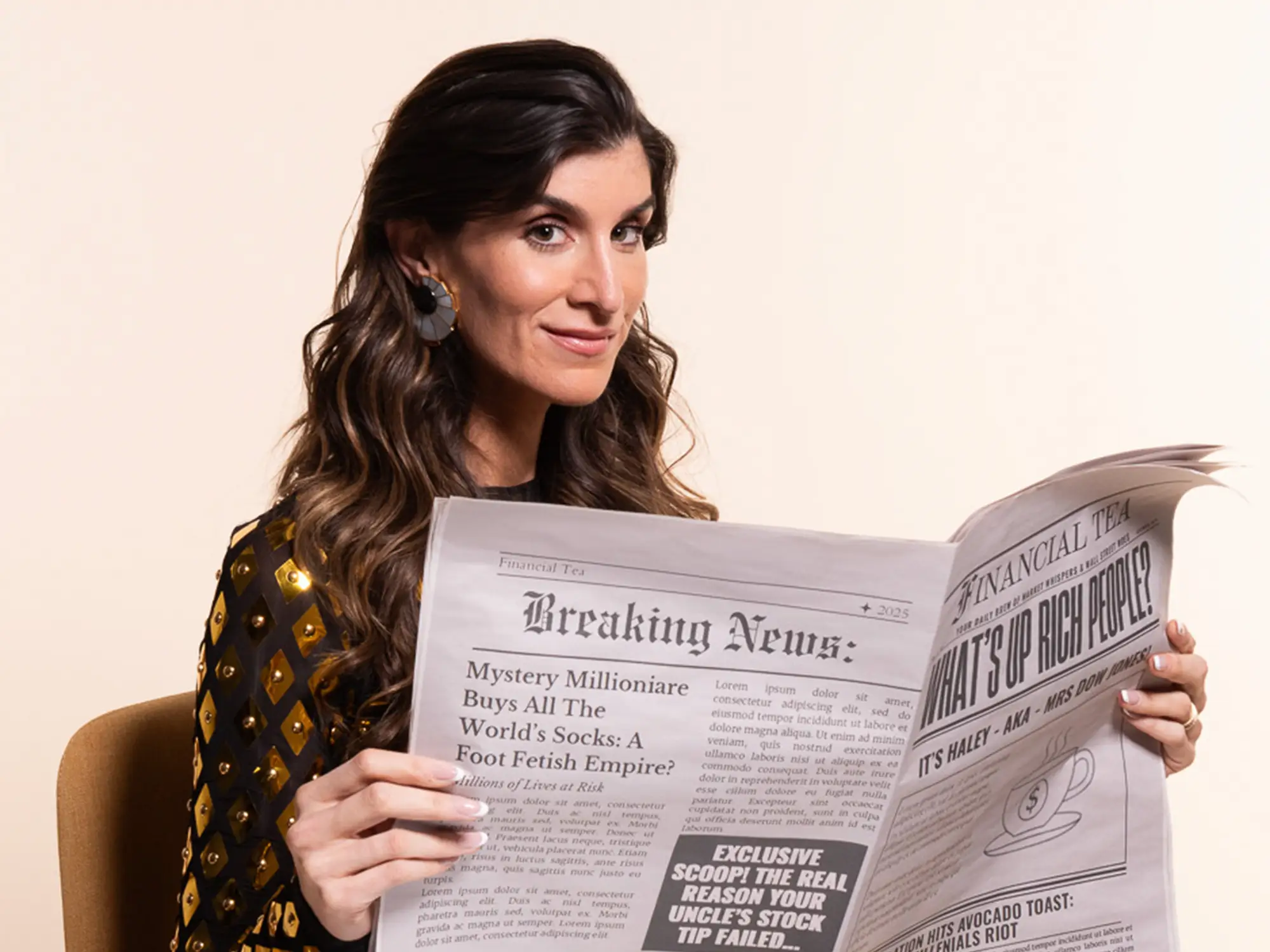 Haley Sacks, Mrs Dow Jones, reads a newspaper