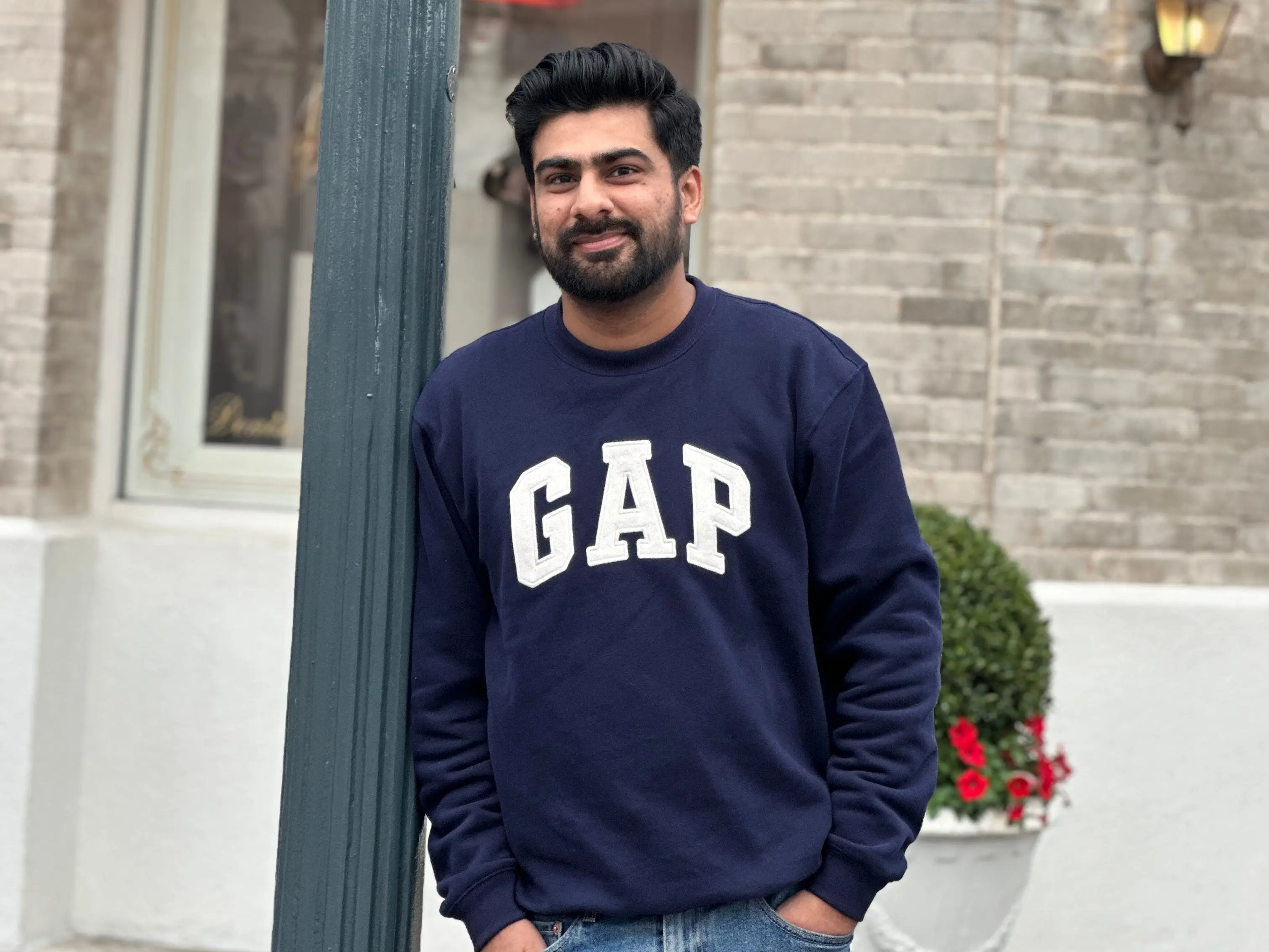 Madhur Mehta is wearing a navy blue 