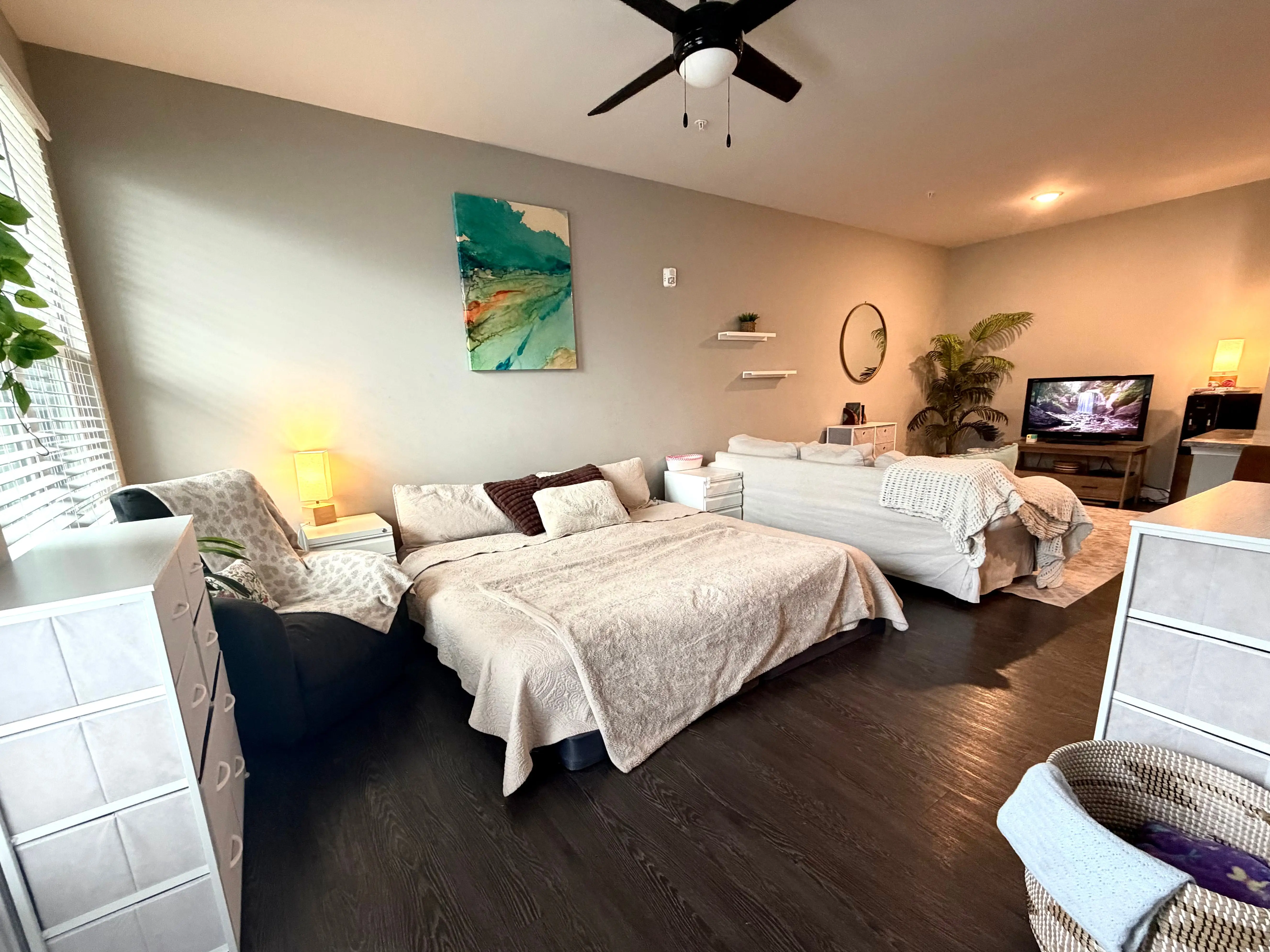 The writer's living room, which doubles as the master bedroom, is filled with a bed, a couch, dressers, plants, wall art, a ceiling fan, and a television.