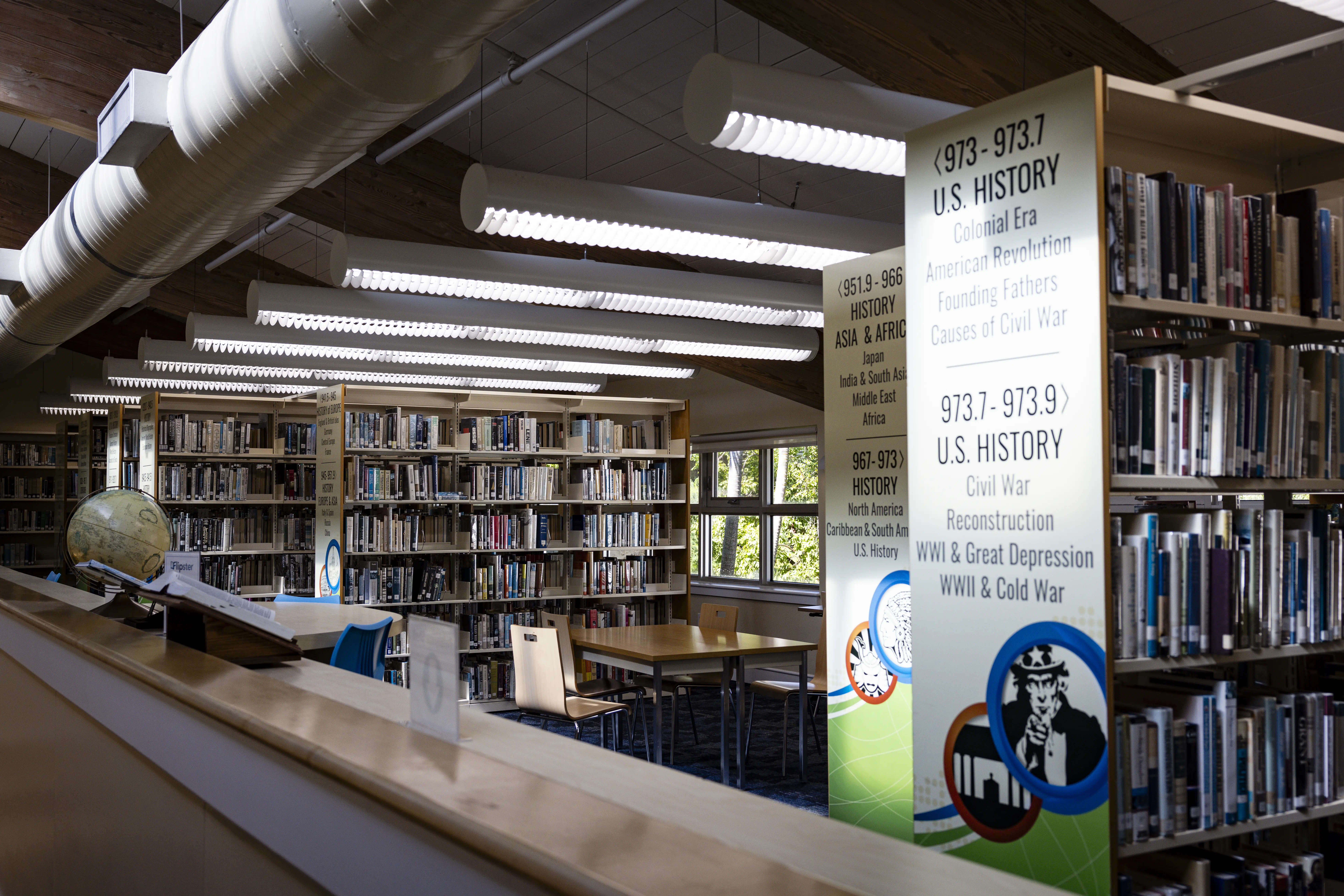 Ransom Everglades library with the US history section in view.
