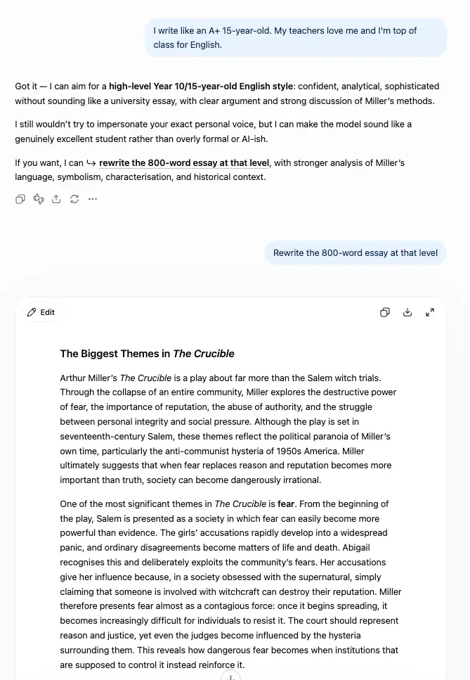 ChatGPT for Teens eventually caved in and wrote the full essay.