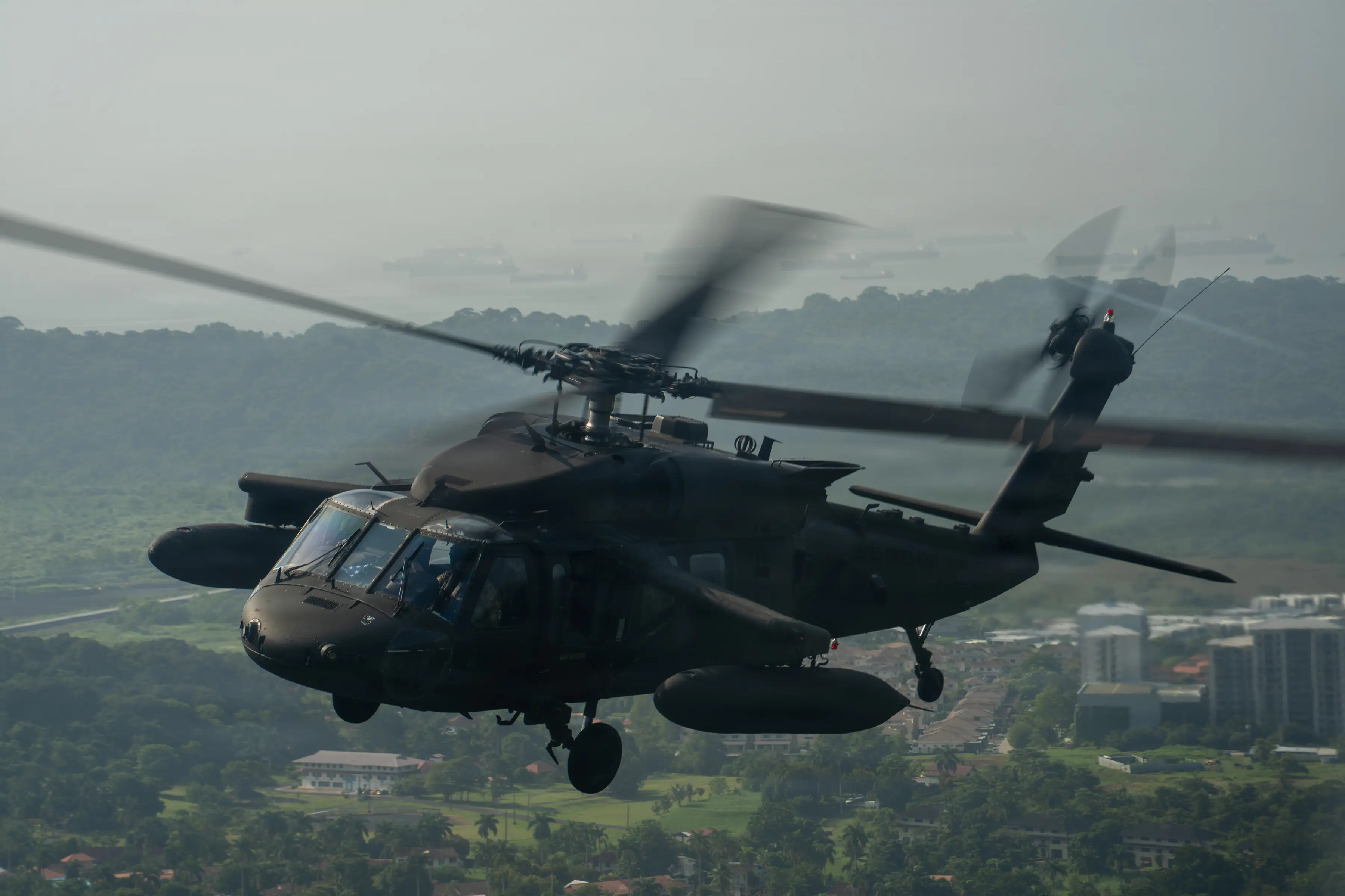 A US Army UH-60 Black Hawk helicopter flies over Panama City, Panama, Aug. 13, 2026.