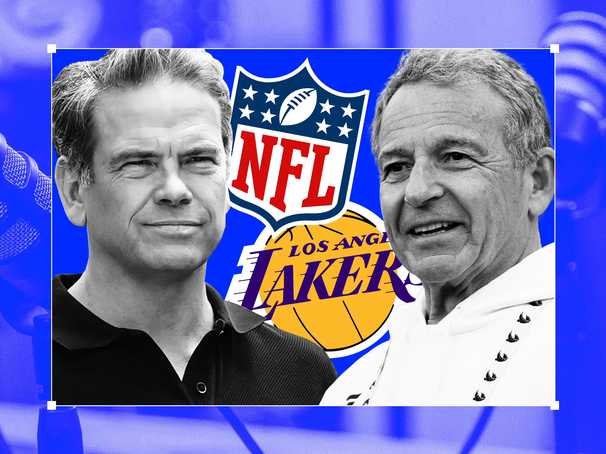 Lachlan Murdoch and Bob Iger with the NFL and Lakers logo in between them