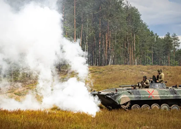 Western forces are role-playing as Russia in training, attacking Ukrainian troops with tanks, ATVs, and motorcycles