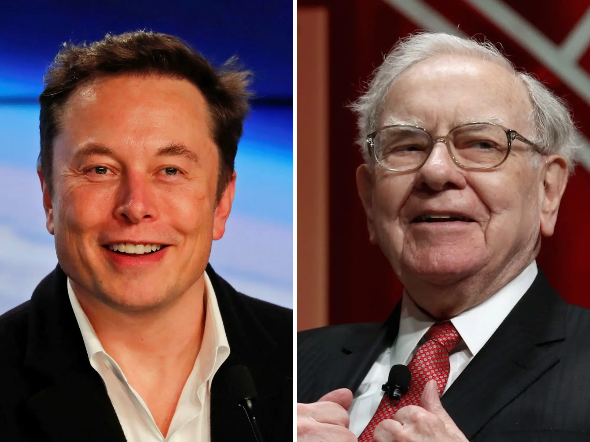A side-by-side image of Elon Musk and Warren Buffett.