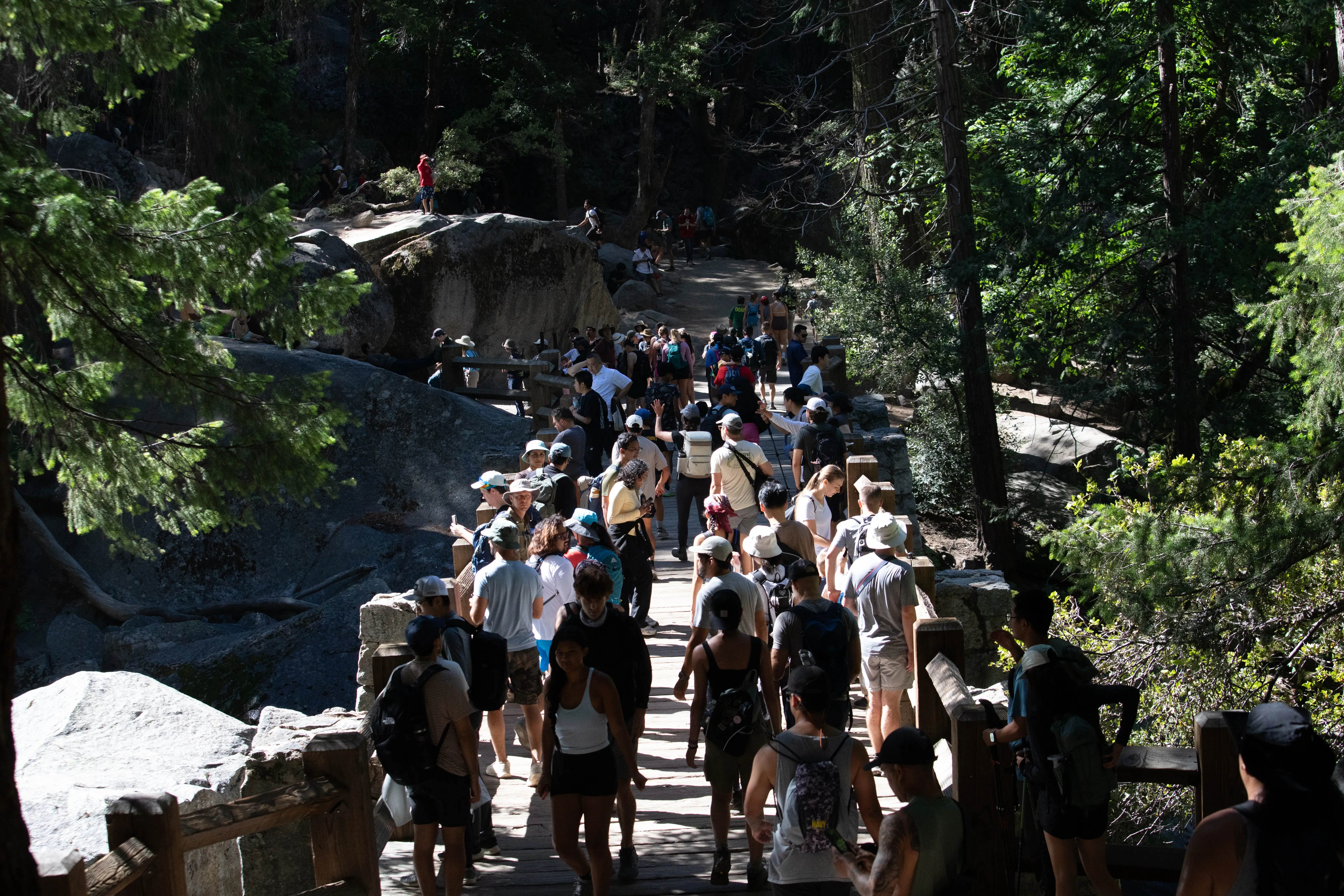 Crowds hike their way up the Mist Trail at Yosemite National Park.