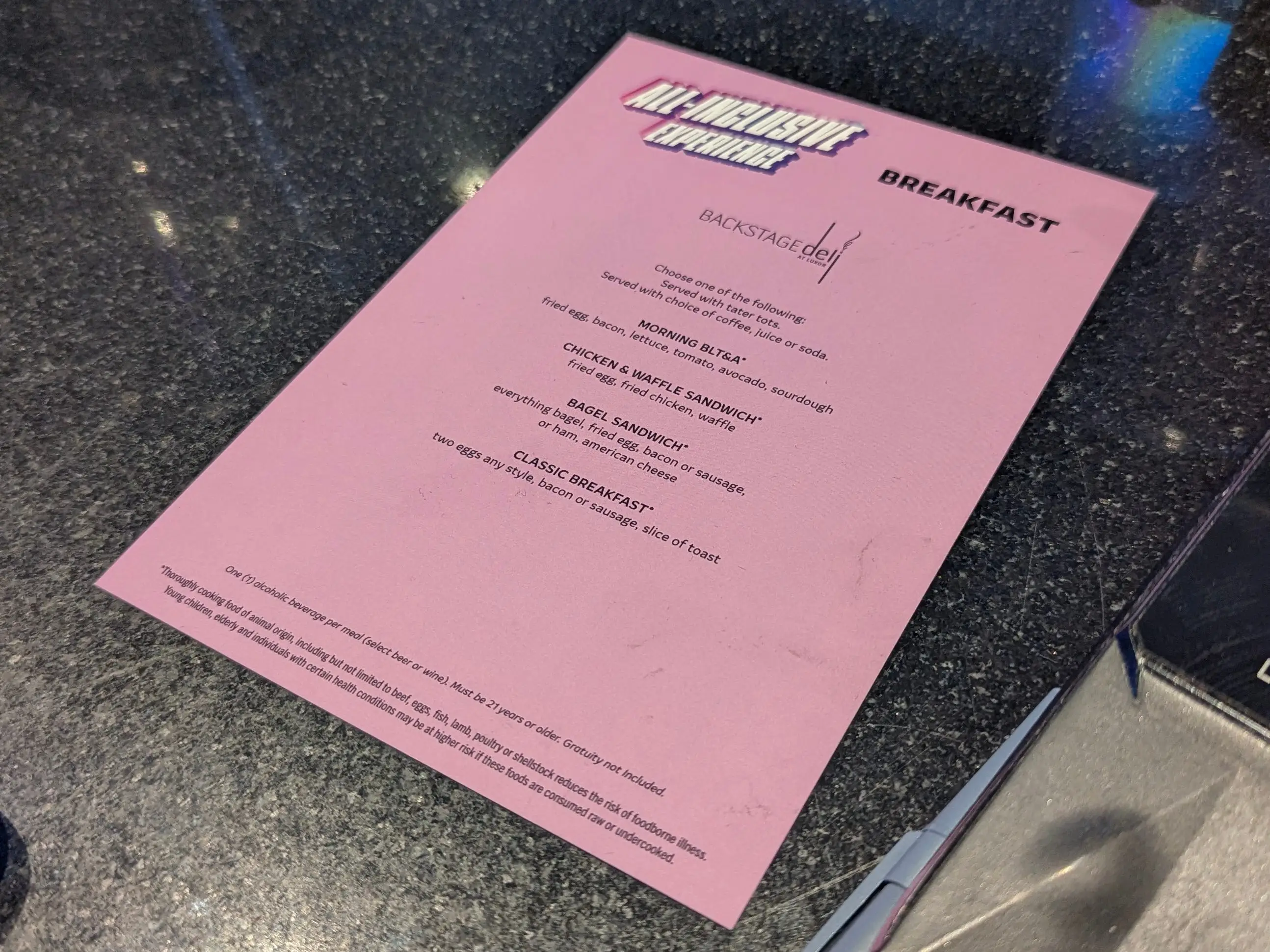 A limited breakfast menu from Backstage Deli that's part of the all-inclusive deal.