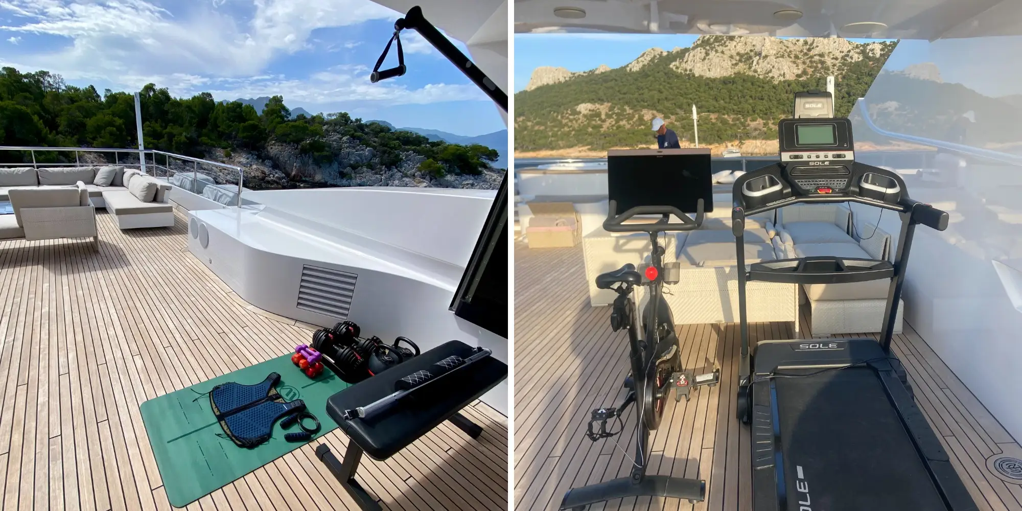 Side by side of yoga mat with weights, weight bench on deck next to image of exercise bike, treadmill on deck