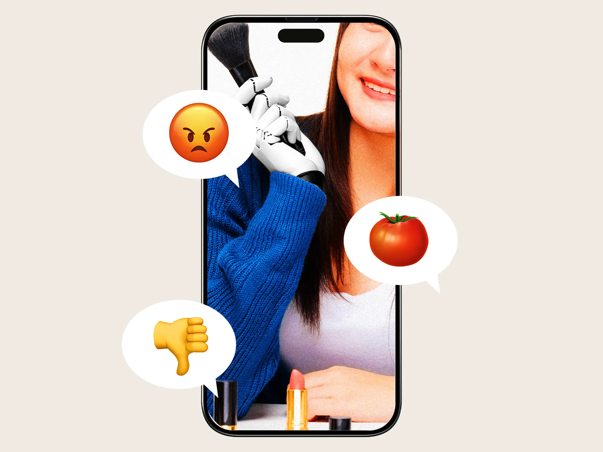 Influencer with a robot hand on phone surrounded with angry emojis