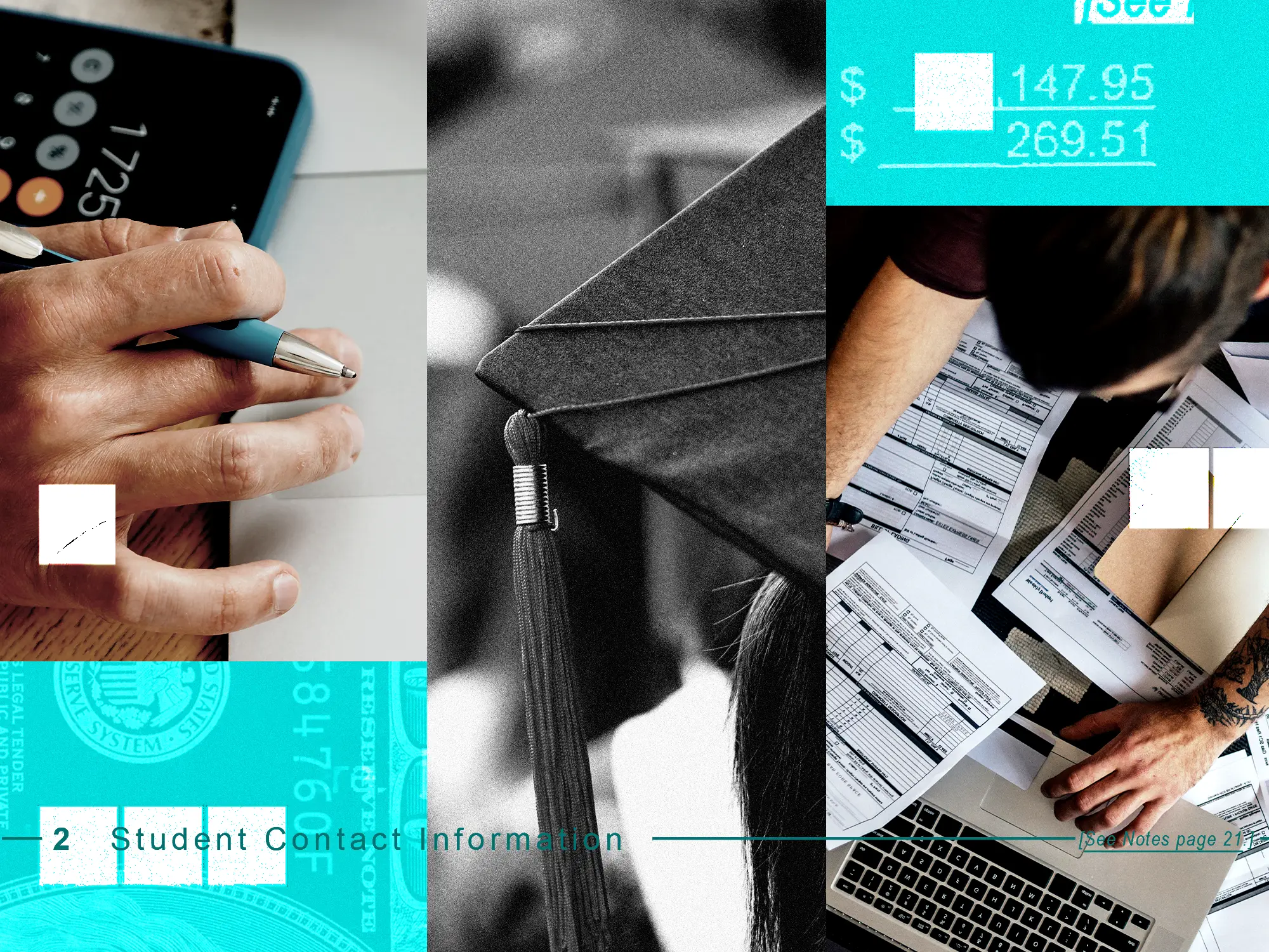 Collage showing education finance paperwork, a graduation cap, a calculator, receipt amounts, and private lending elements.