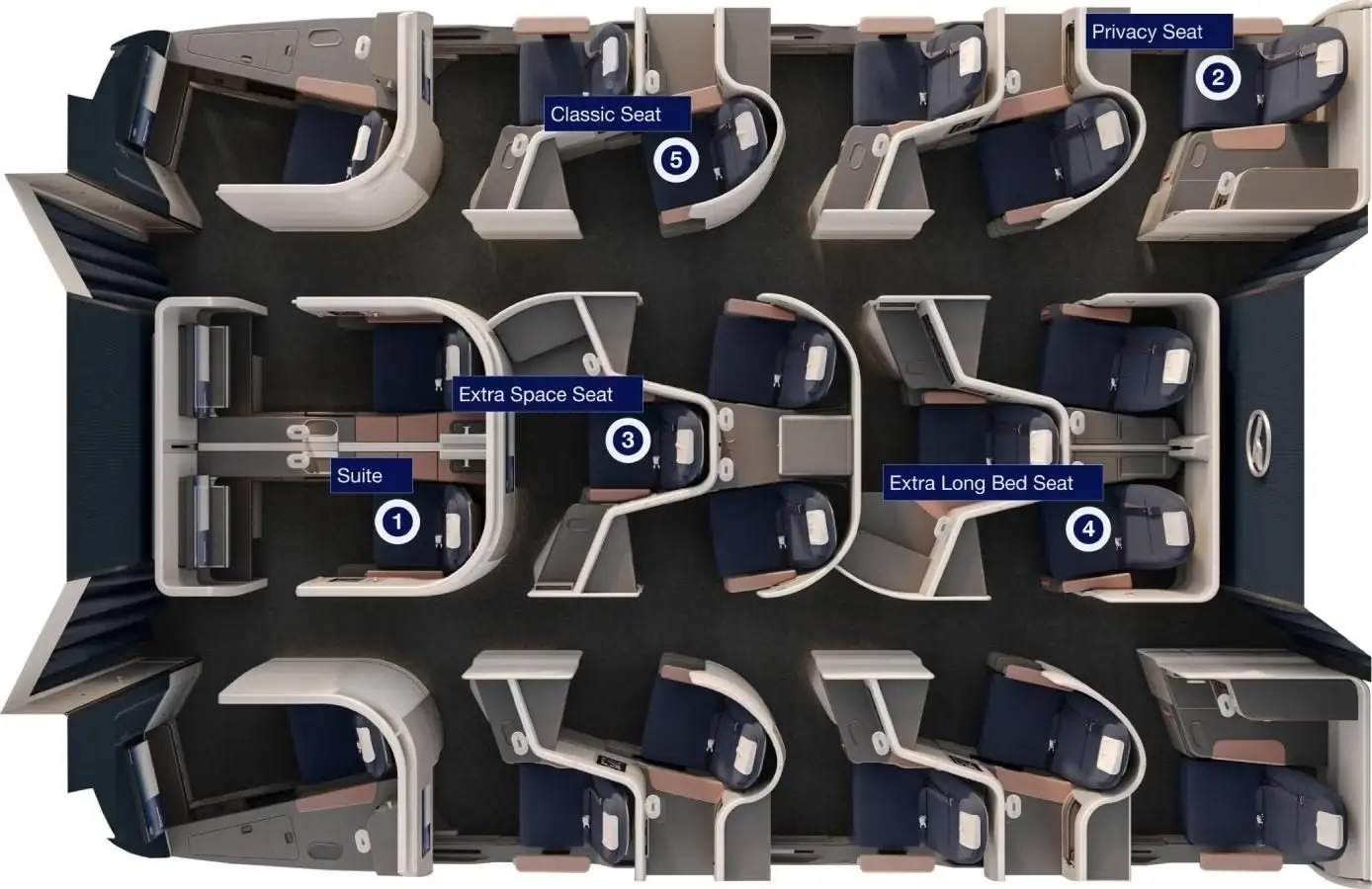 A generated image of a top-down view of the Lufthansa Allagris cabin shows five different seat types